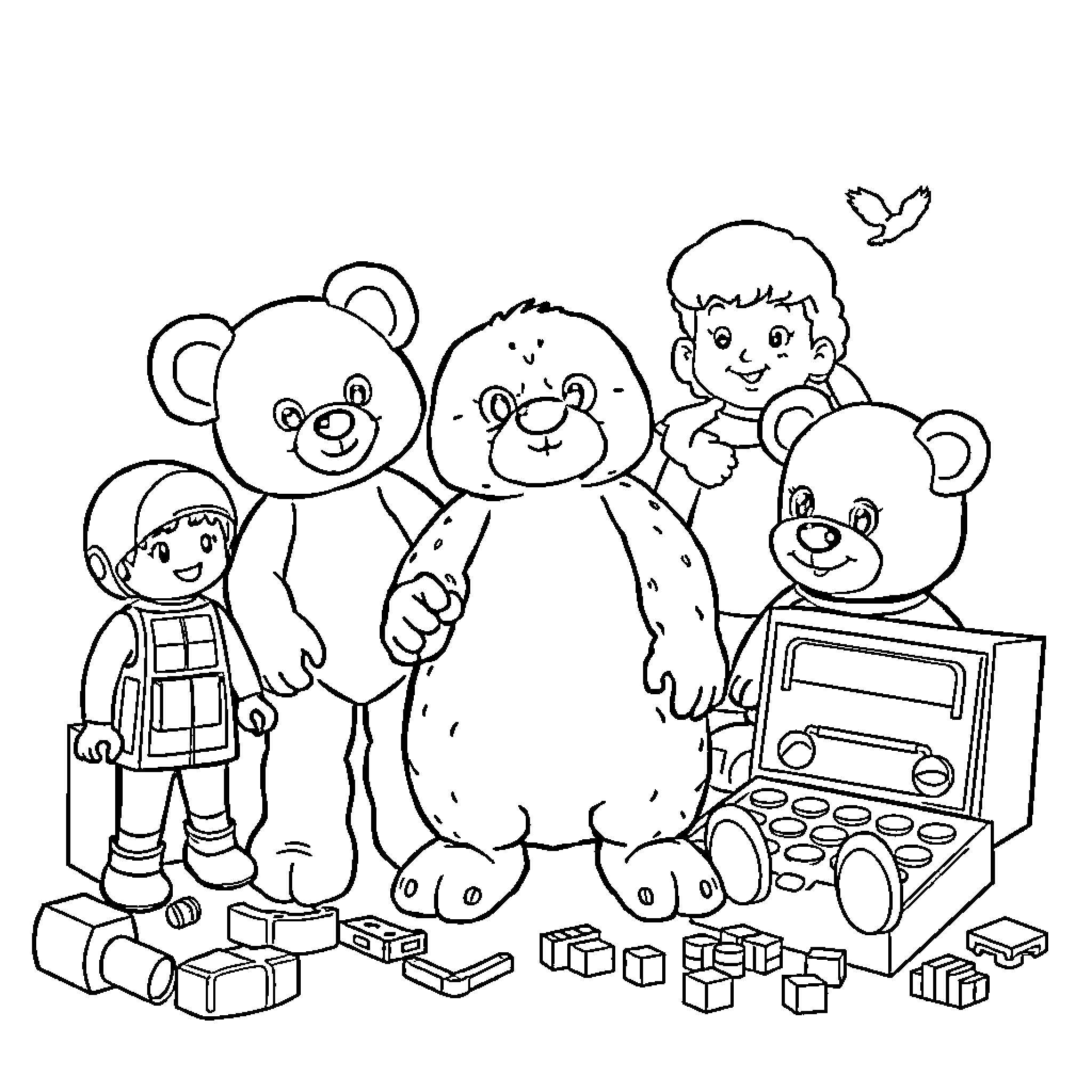 80s Toys with Playful Characters and Accessories Coloring Page (free black-and-white line drawing printable PDF for all, from beginners to advanced learners, including children, teens, adults, and seniors)