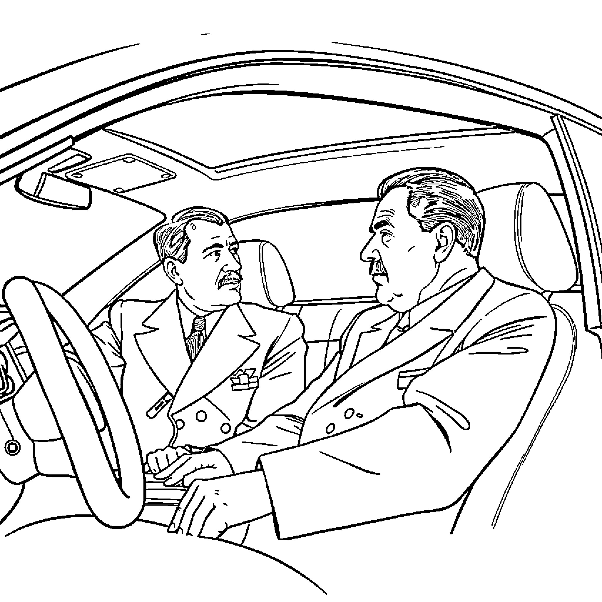 Celebrity businessmen discussing in car Coloring Page (free black-and-white line drawing printable PDF for all, from beginners to advanced learners, including children, teens, adults, and seniors)