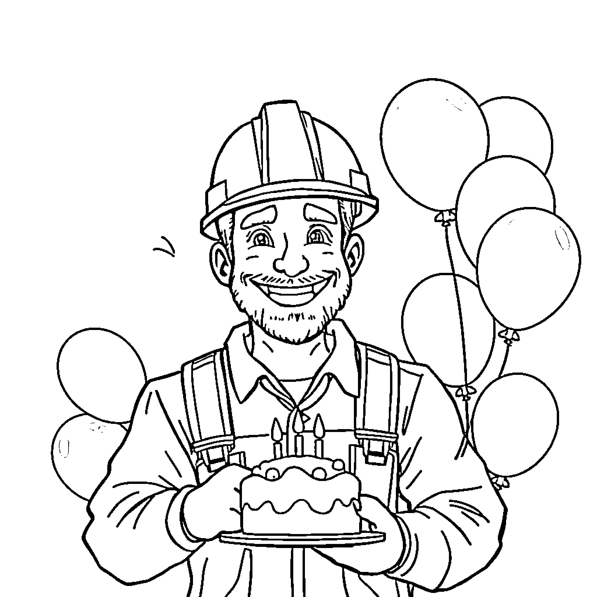 Ironworker celebrating with balloons and cake Coloring Page (free black-and-white line drawing printable PDF for all, from beginners to advanced learners, including children, teens, adults, and seniors)