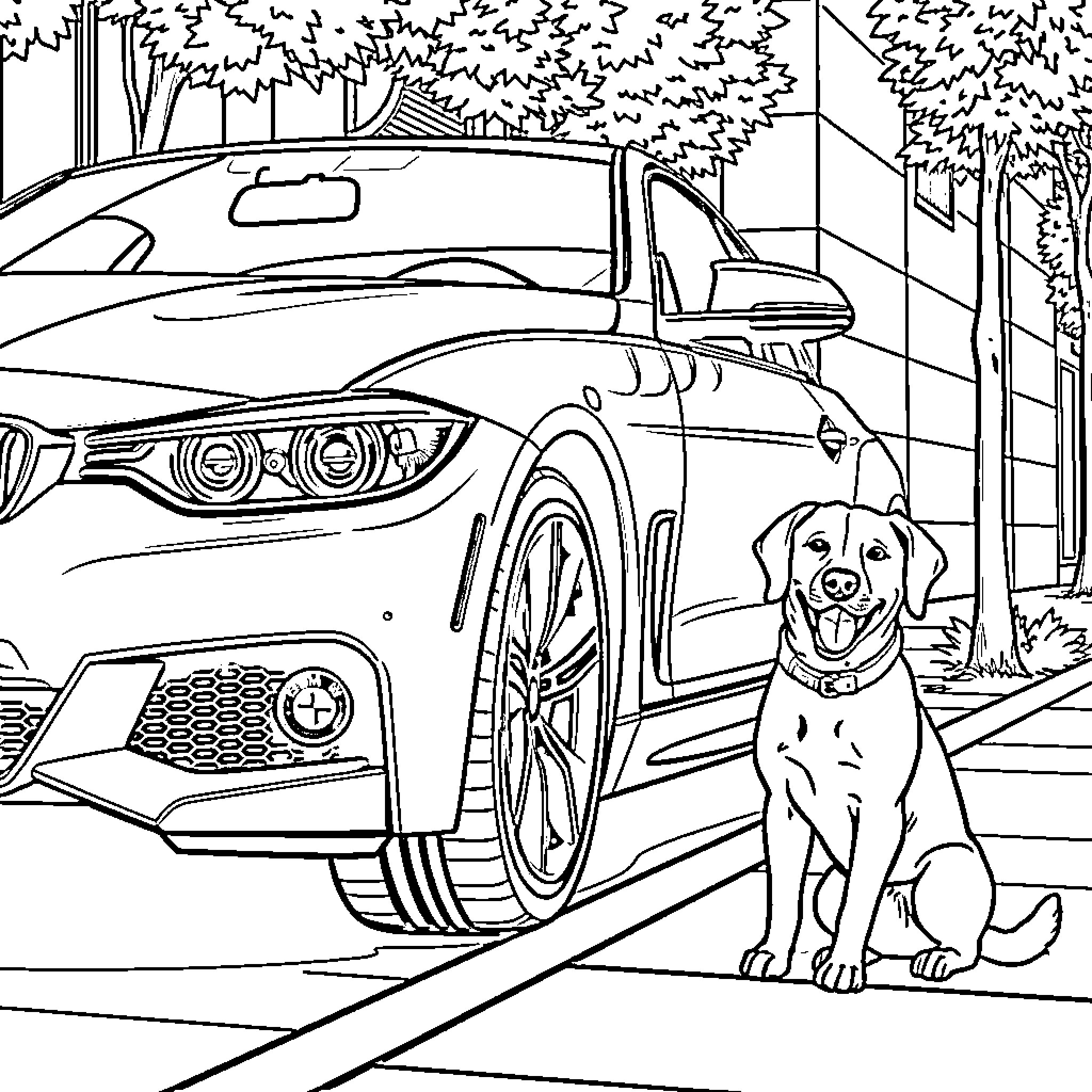 BMW luxury car parked with a friendly dog Coloring Page (free black-and-white line drawing printable PDF for all, from beginners to advanced learners, including children, teens, adults, and seniors)
