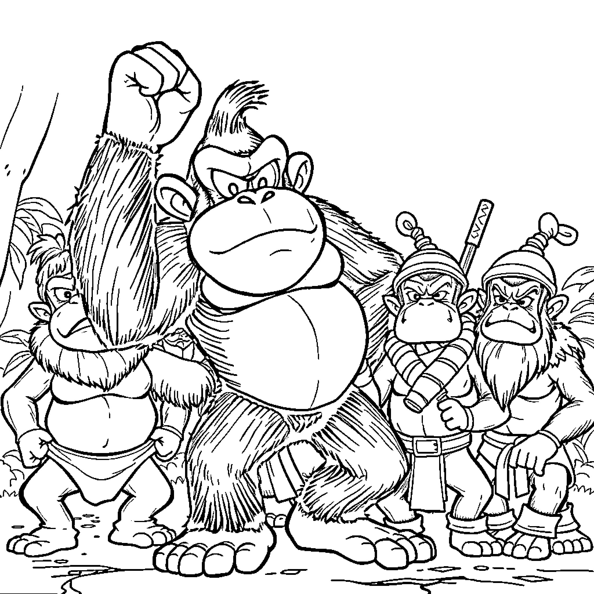 Donkey Kong and his Kongs in action Coloring Page (free black-and-white line drawing printable PDF for all, from beginners to advanced learners, including children, teens, adults, and seniors)