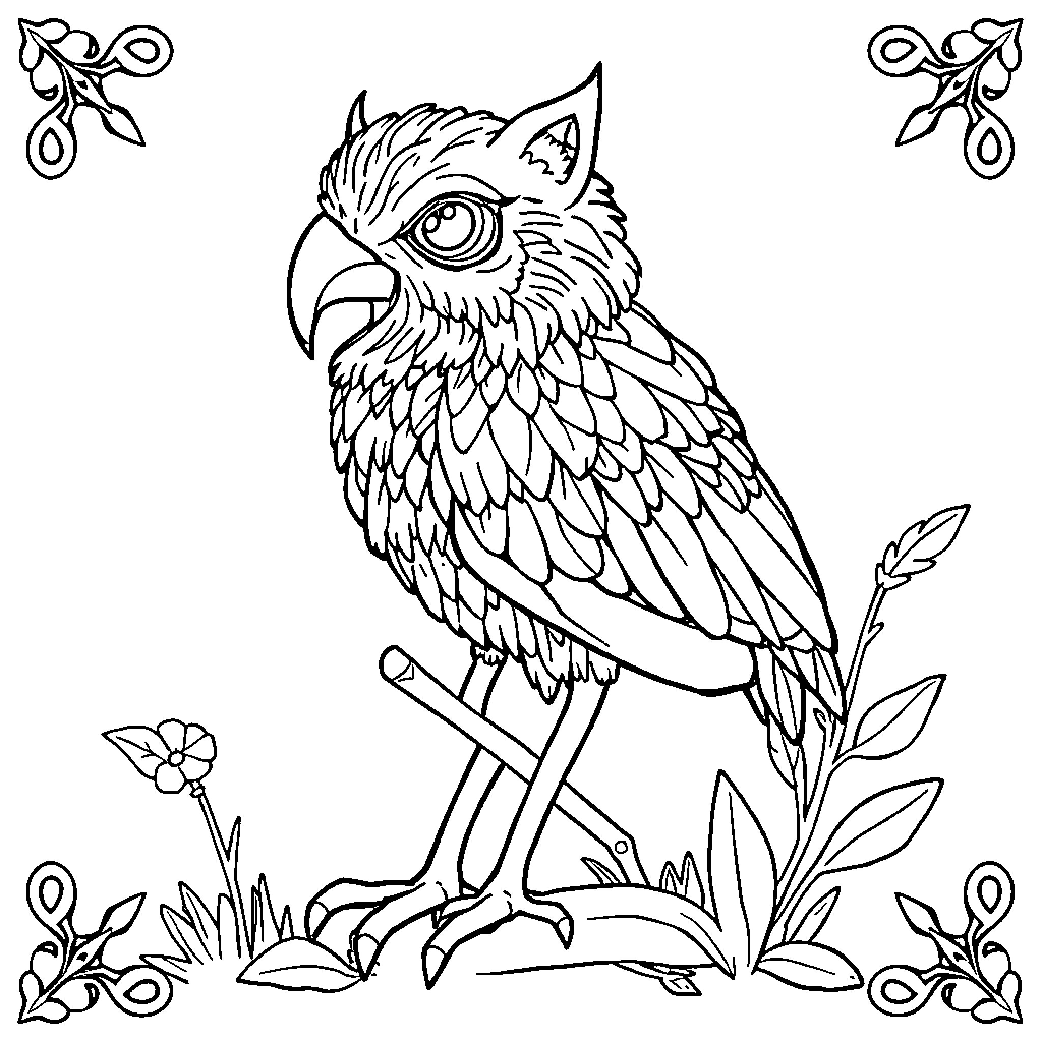 Image of a detailed parrot illustration in black and white Coloring Page (free black-and-white line drawing printable PDF for all, from beginners to advanced learners, including children, teens, adults, and seniors)