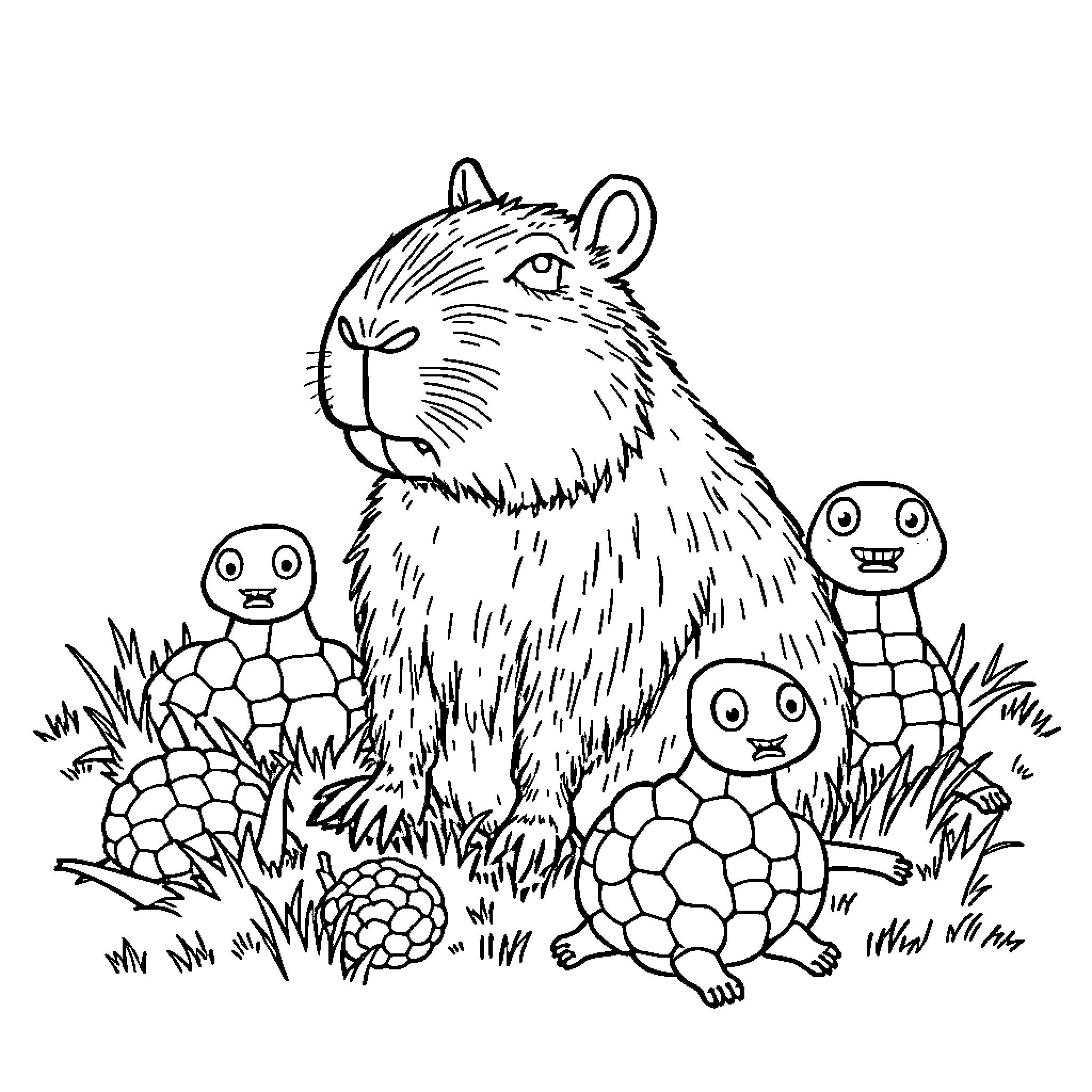 Capybara surrounded by curious turtles in nature Coloring Page (free black-and-white line drawing printable PDF for all, from beginners to advanced learners, including children, teens, adults, and seniors)