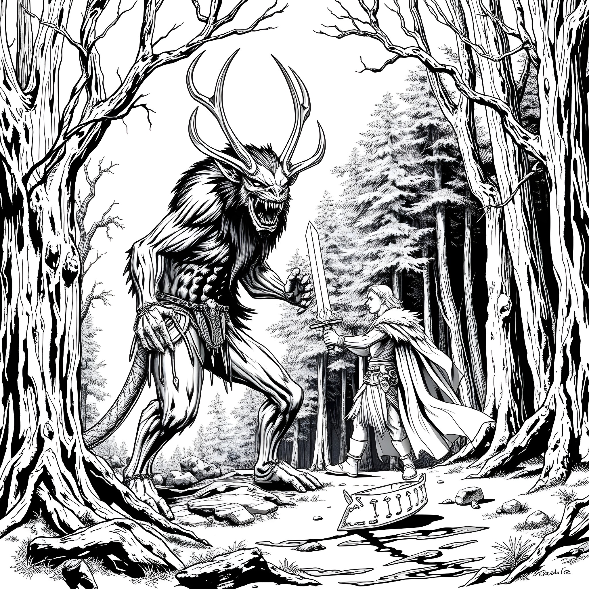Wendigo confronting a warrior in a snowy forest Coloring Page (free black-and-white line drawing printable PDF for all, from beginners to advanced learners, including children, teens, adults, and seniors)