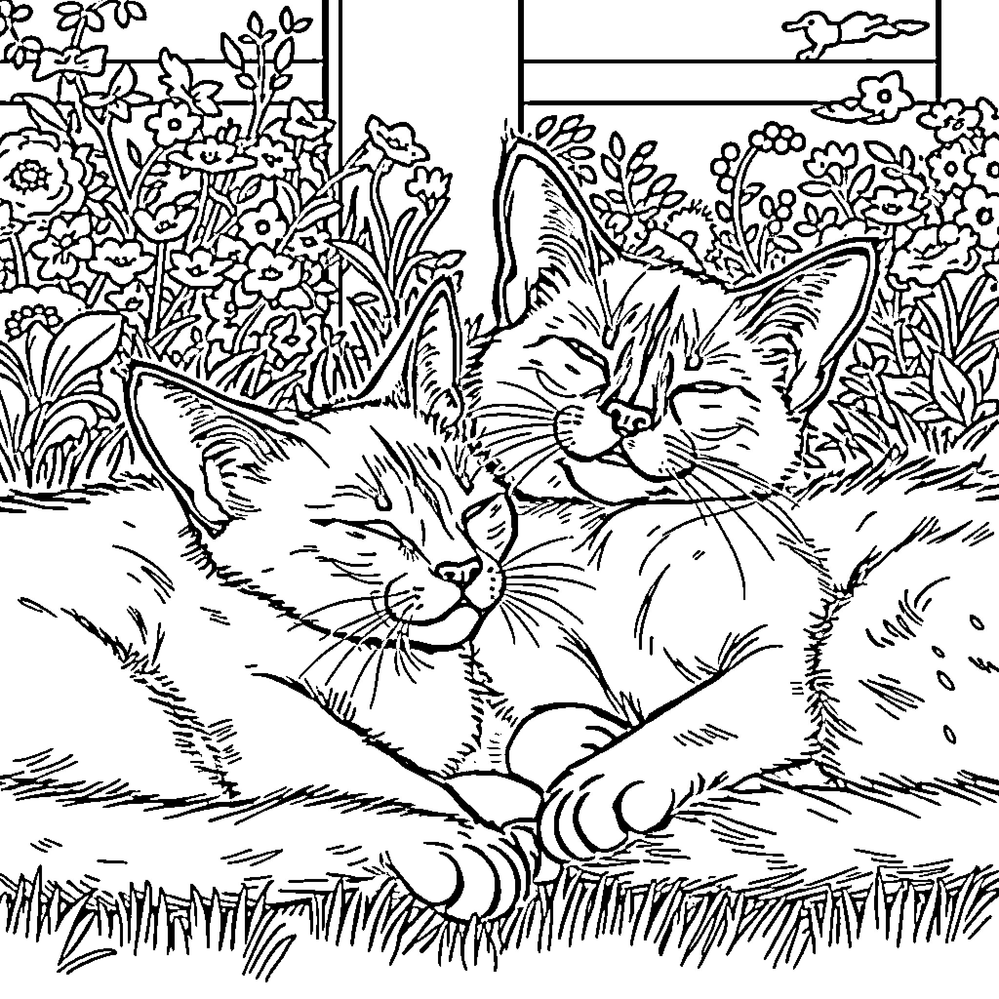 Cats napping peacefully in a lush garden Coloring Page (free black-and-white line drawing printable PDF for all, from beginners to advanced learners, including children, teens, adults, and seniors)