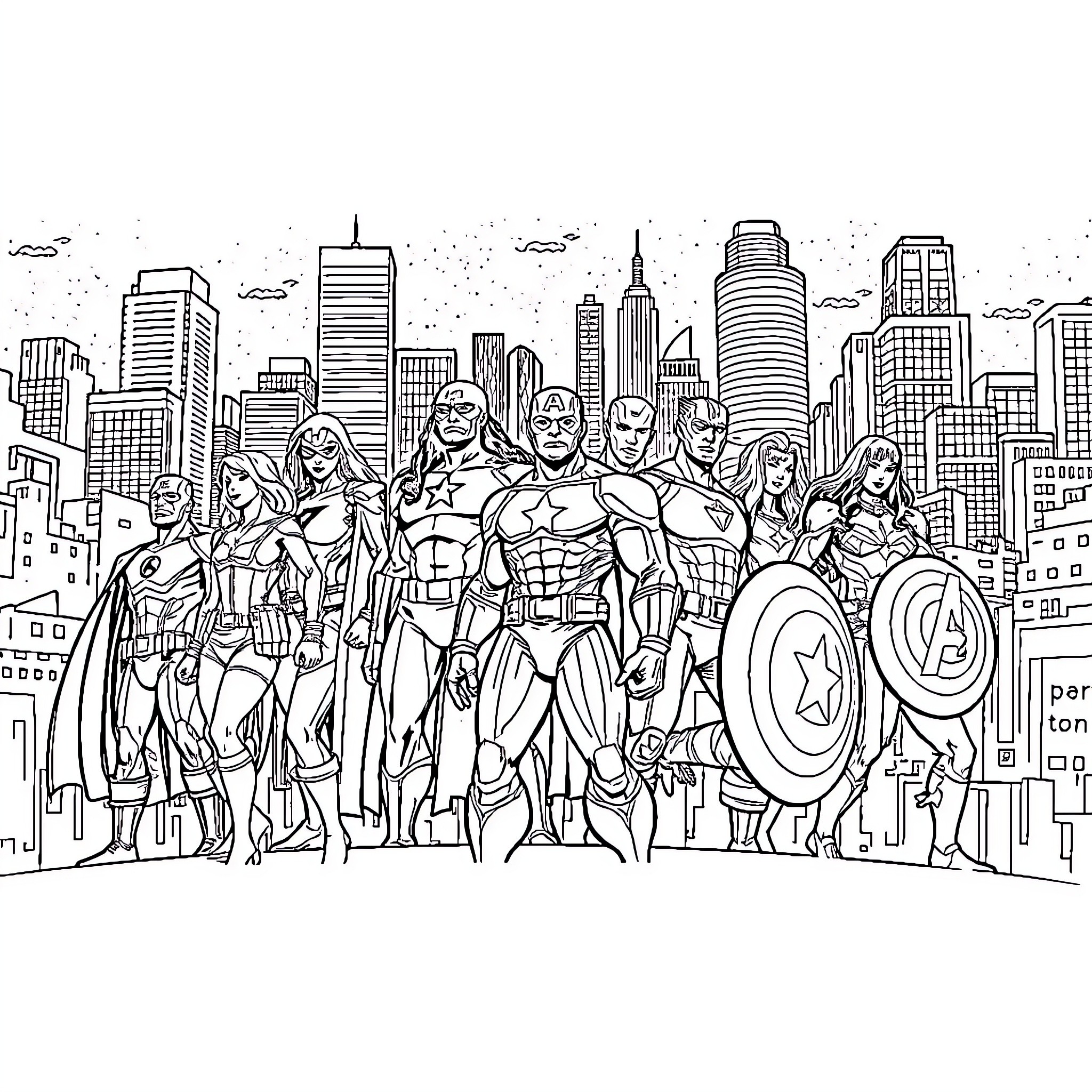 Avenger Heroes Assembling in a Vibrant Cityscape Coloring Page (free black-and-white line drawing printable PDF for all, from beginners to advanced learners, including children, teens, adults, and seniors)
