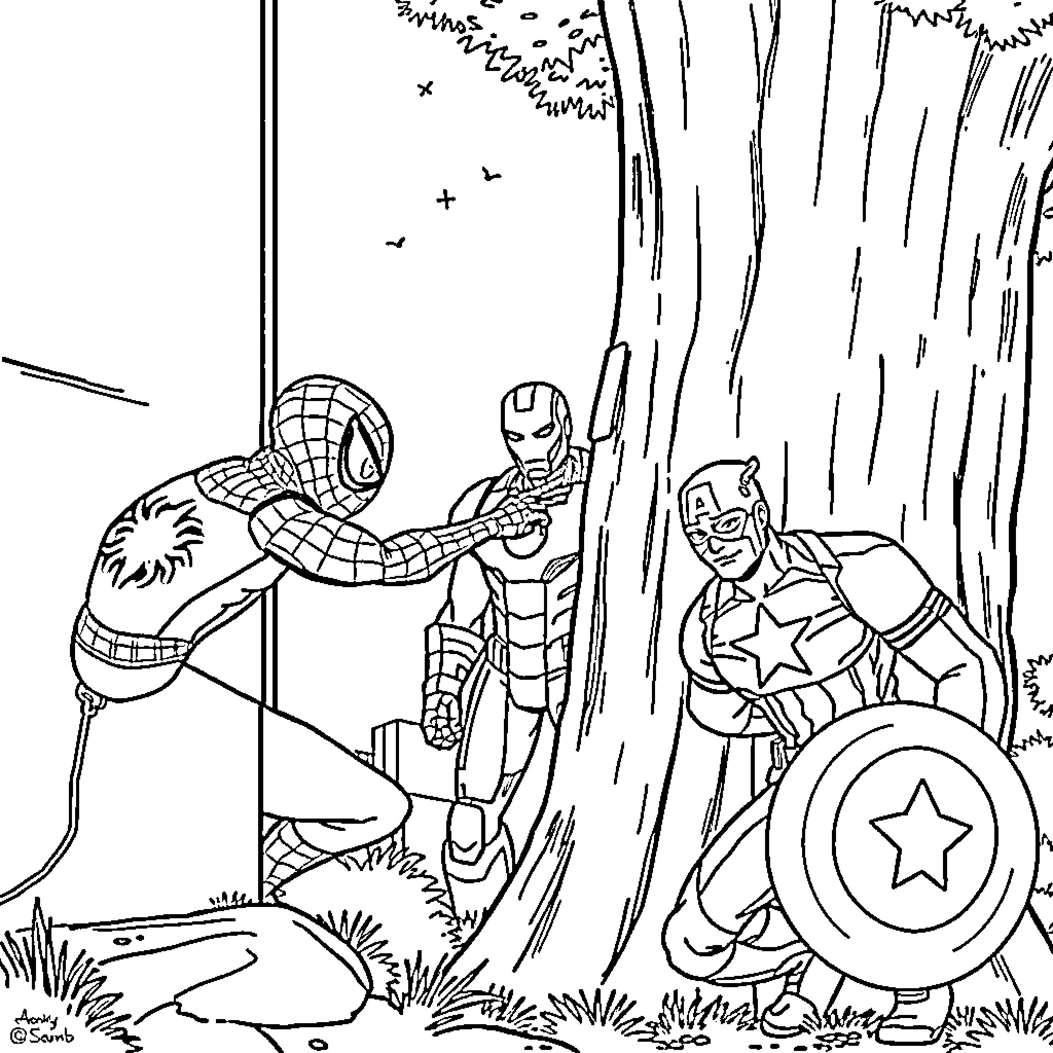 Spiderman and Iron Man in action adventure Coloring Page (free black-and-white line drawing printable PDF for all, from beginners to advanced learners, including children, teens, adults, and seniors)