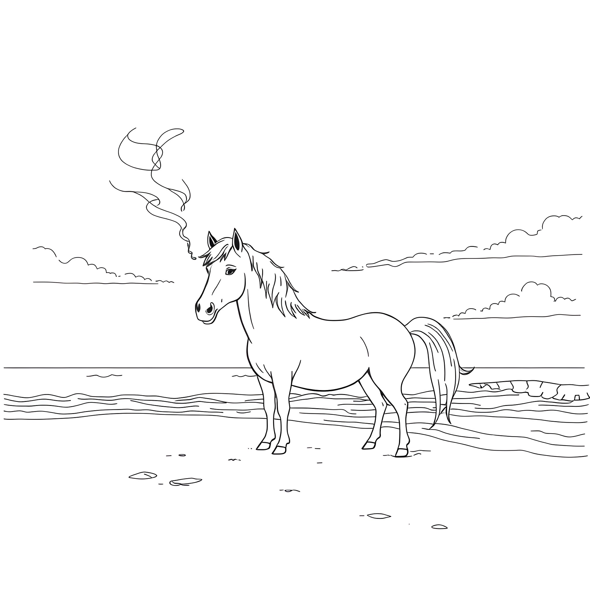 Horse standing on the beach with seagulls Coloring Page (free black-and-white line drawing printable PDF for all, from beginners to advanced learners, including children, teens, adults, and seniors)