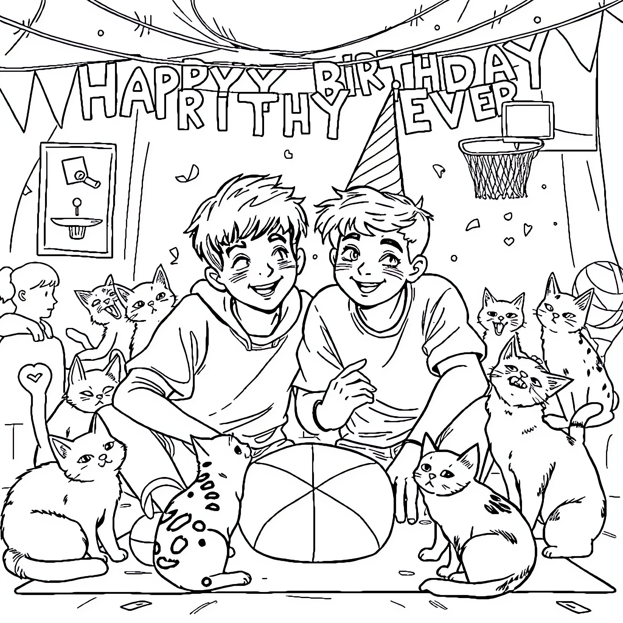 Teenagers celebrating a happy birthday with pets Coloring Page (free black-and-white line drawing printable PDF for all, from beginners to advanced learners, including children, teens, adults, and seniors)