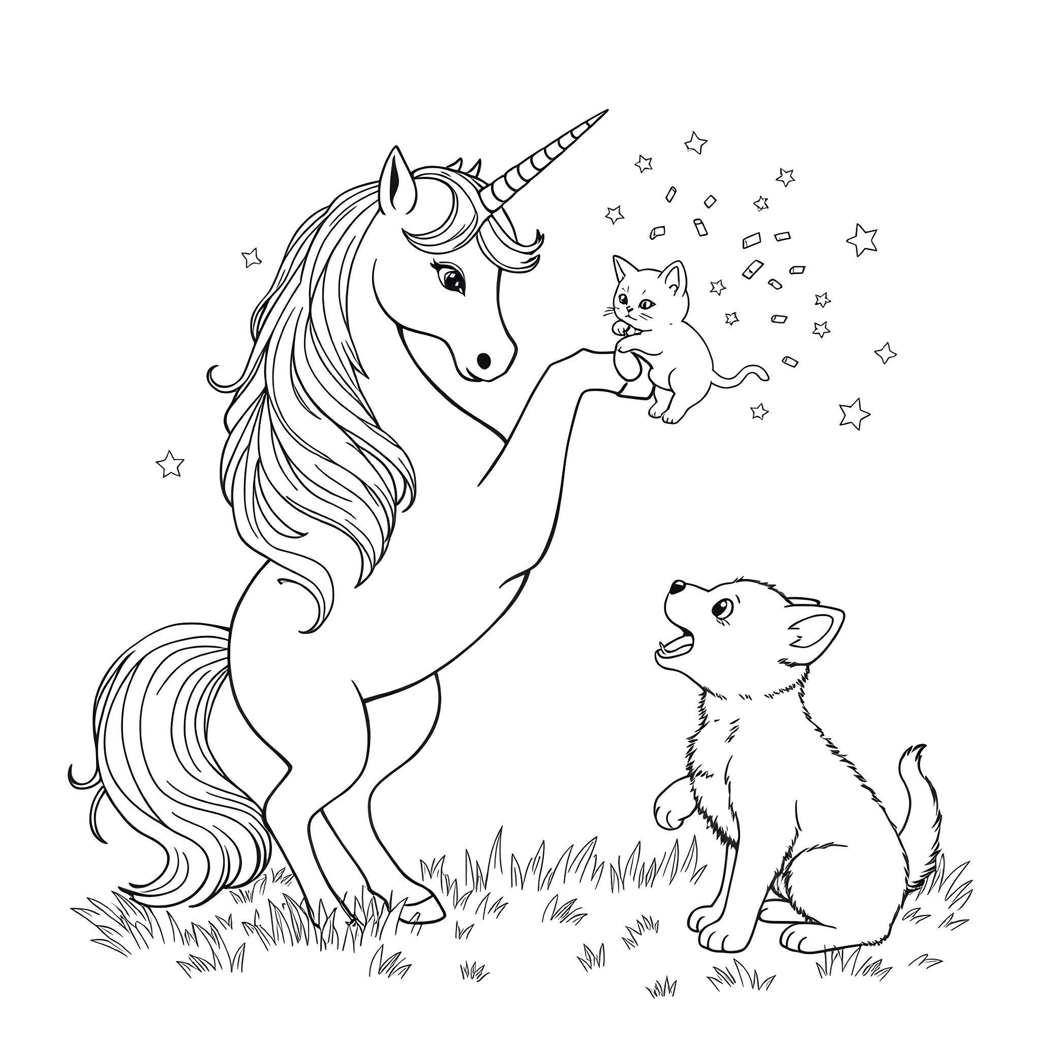 Unicorn happily playing with kitten and puppy in meadow Coloring Page (free black-and-white line drawing printable PDF for all, from beginners to advanced learners, including children, teens, adults, and seniors)