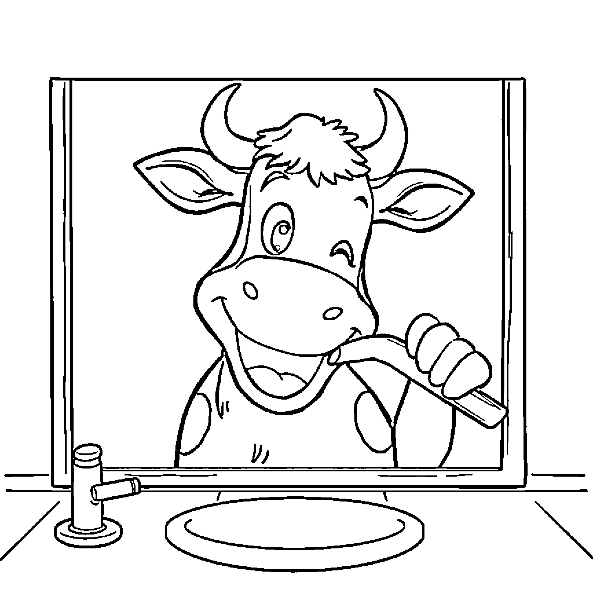 Cow drawing on display Coloring Page (free black-and-white line drawing printable PDF for all, from beginners to advanced learners, including children, teens, adults, and seniors)