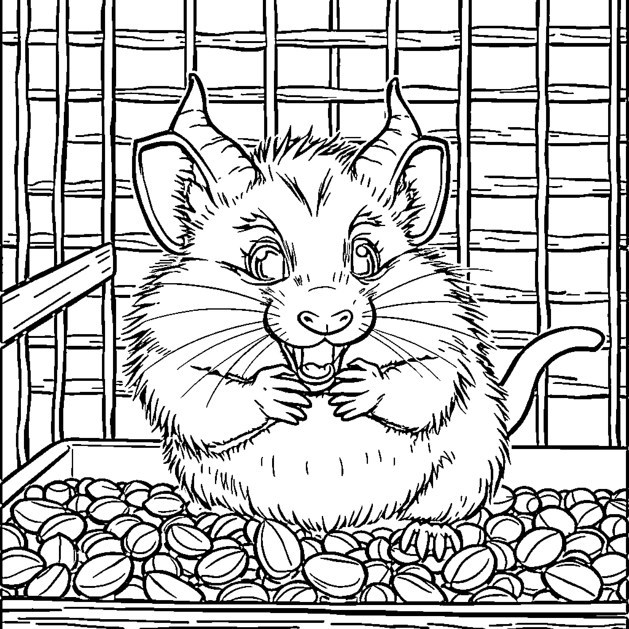 Demon Hamster eating nuts in a cage Coloring Page (free black-and-white line drawing printable PDF for all, from beginners to advanced learners, including children, teens, adults, and seniors)