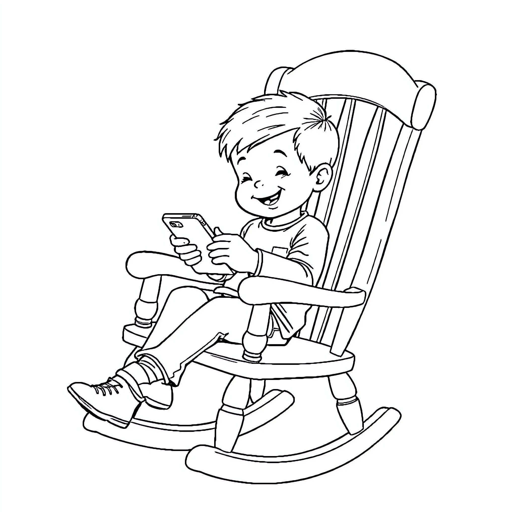 Boy happily using smartphone while rocking in chair Coloring Page (free black-and-white line drawing printable PDF for all, from beginners to advanced learners, including children, teens, adults, and seniors)