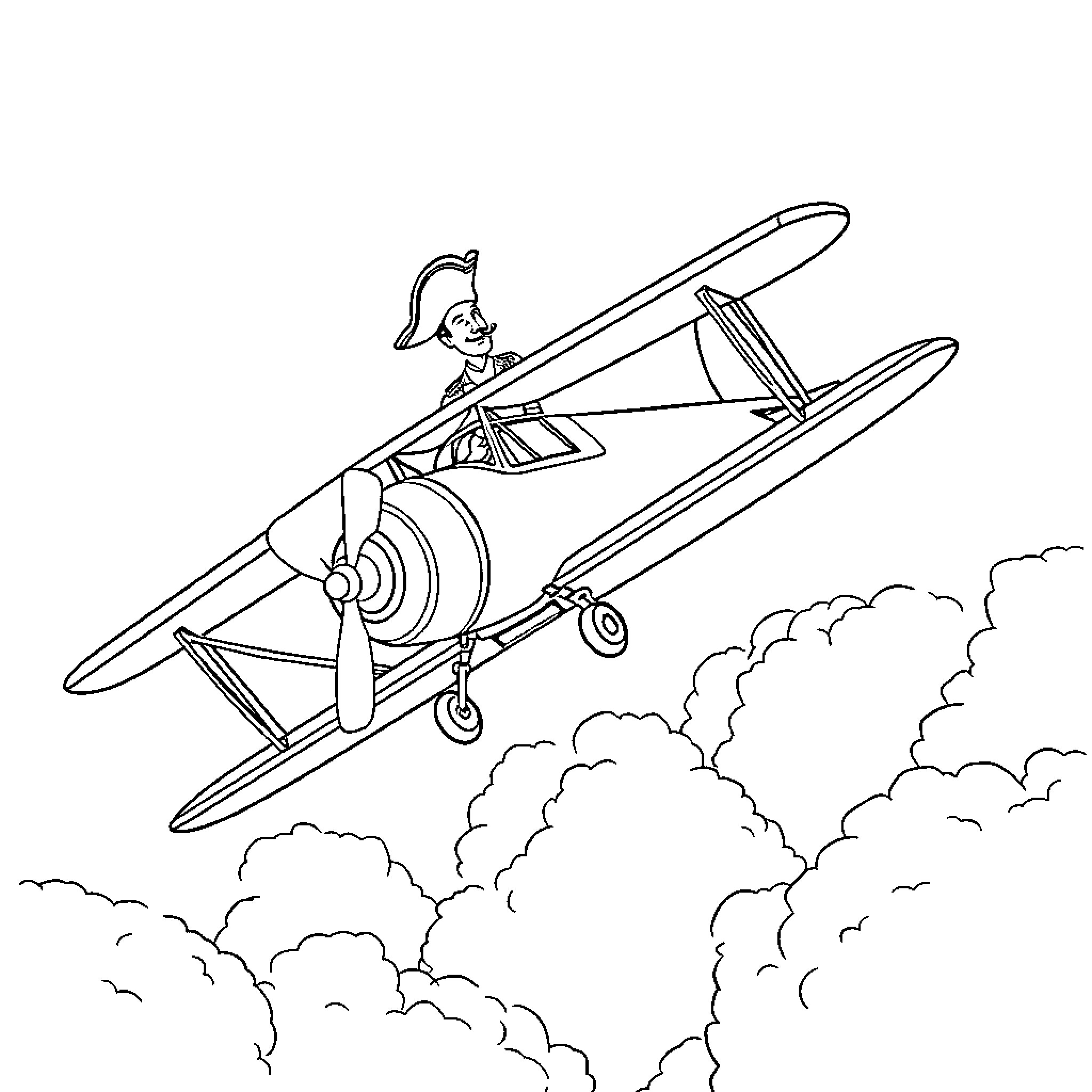 Napoleon's Aerial Adventure in a Biplane Coloring Page (free black-and-white line drawing printable PDF for all, from beginners to advanced learners, including children, teens, adults, and seniors)