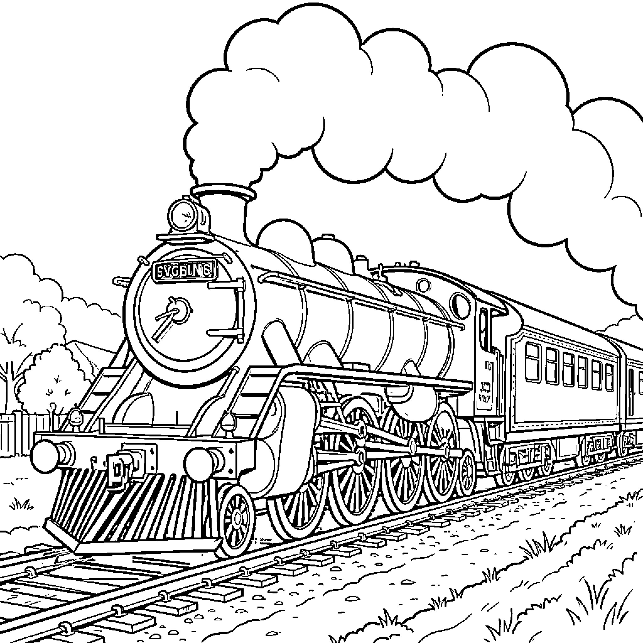 Scotsman steam locomotive puffing smoke on tracks Coloring Page (free black-and-white line drawing printable PDF for all, from beginners to advanced learners, including children, teens, adults, and seniors)