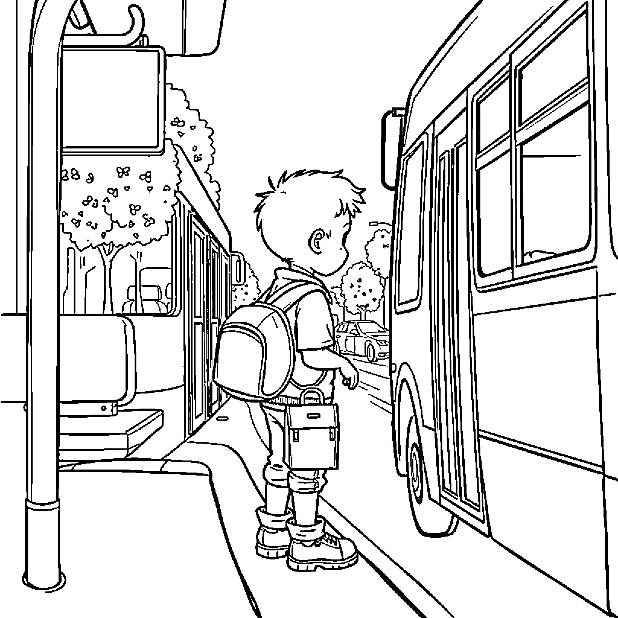 Boy getting on the bus for school Coloring Page (free black-and-white line drawing printable PDF for all, from beginners to advanced learners, including children, teens, adults, and seniors)