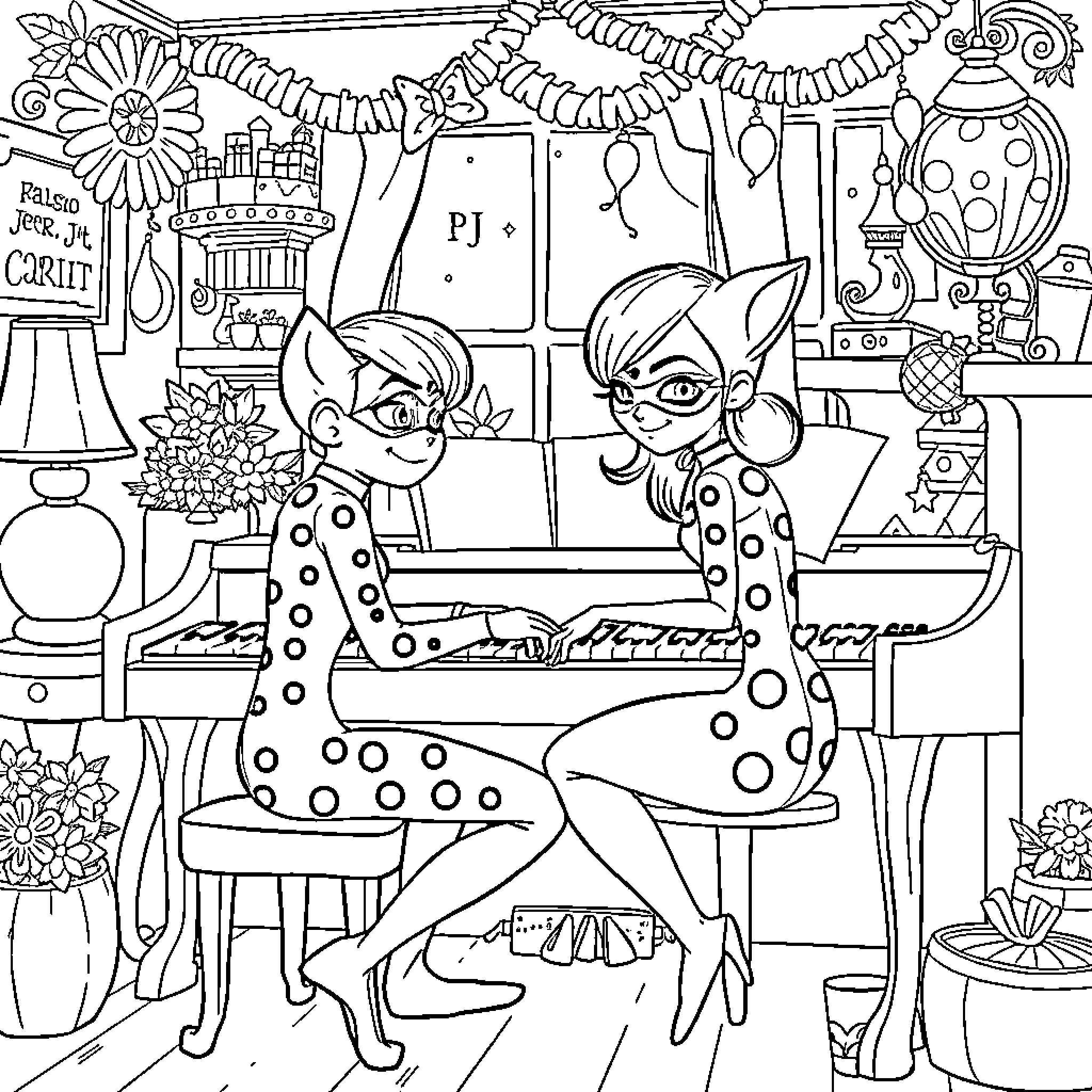Ladybug friends exploring a colorful, whimsical room Coloring Page (free black-and-white line drawing printable PDF for all, from beginners to advanced learners, including children, teens, adults, and seniors)