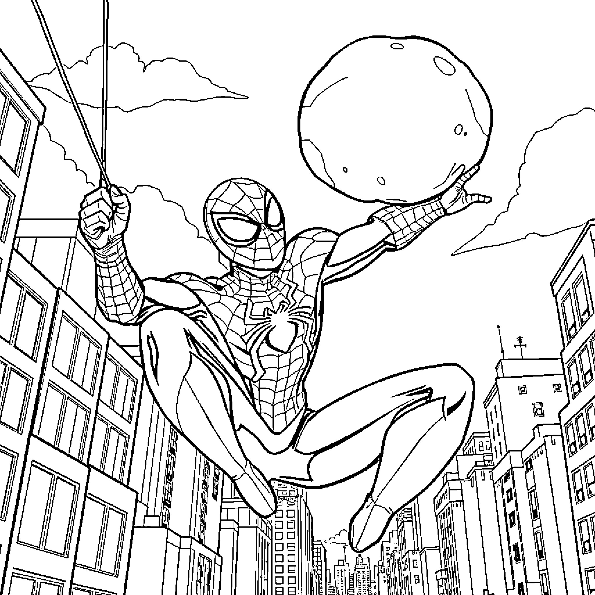 Spiderman swinging through the city at night Coloring Page (free black-and-white line drawing printable PDF for all, from beginners to advanced learners, including children, teens, adults, and seniors)
