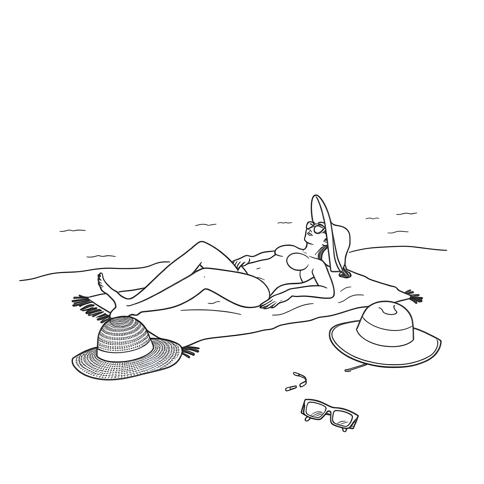 Sunbather relaxing on the beach Coloring Page (free black-and-white line drawing printable PDF for all, from beginners to advanced learners, including children, teens, adults, and seniors)