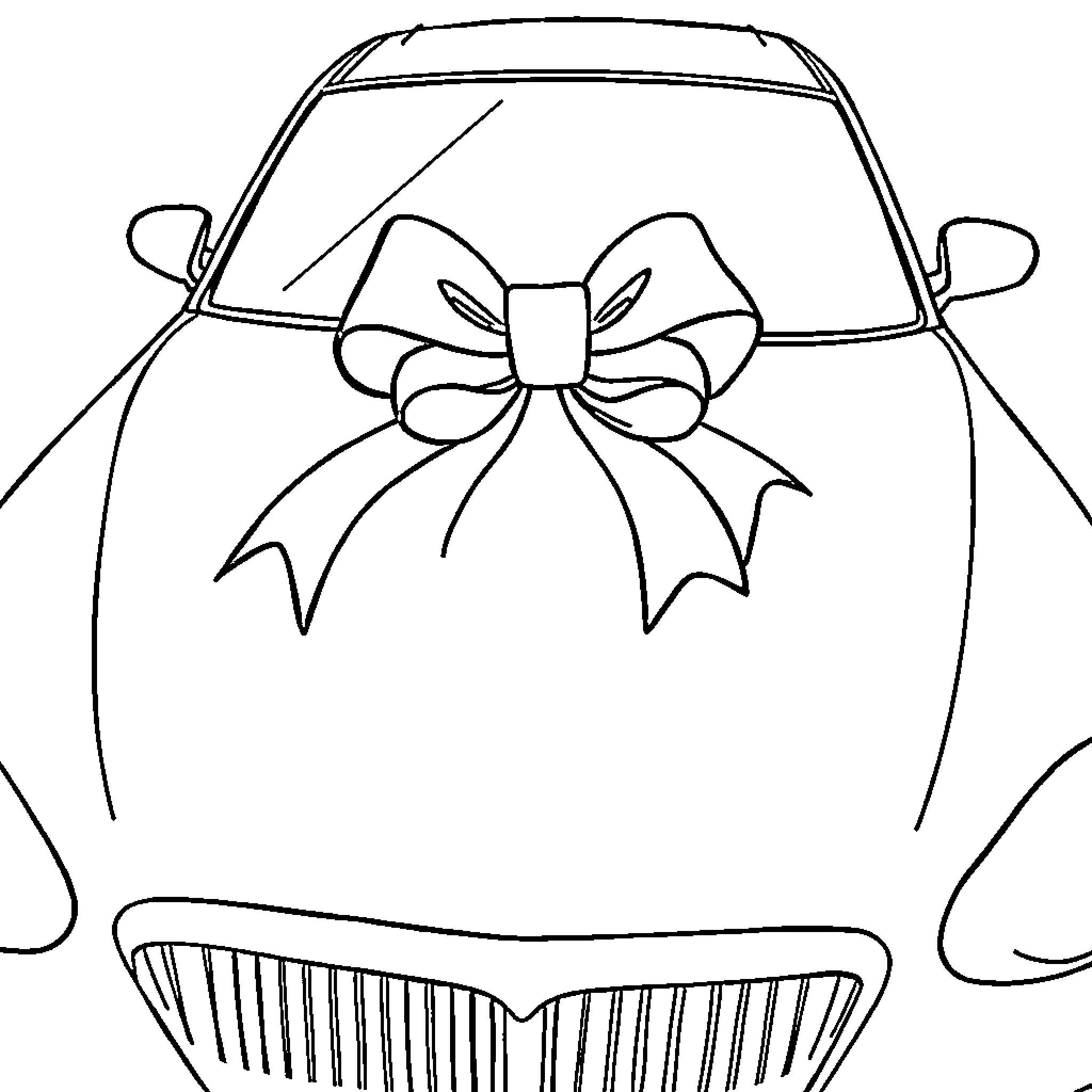 Car with decorative bow on front Coloring Page (free black-and-white line drawing printable PDF for all, from beginners to advanced learners, including children, teens, adults, and seniors)