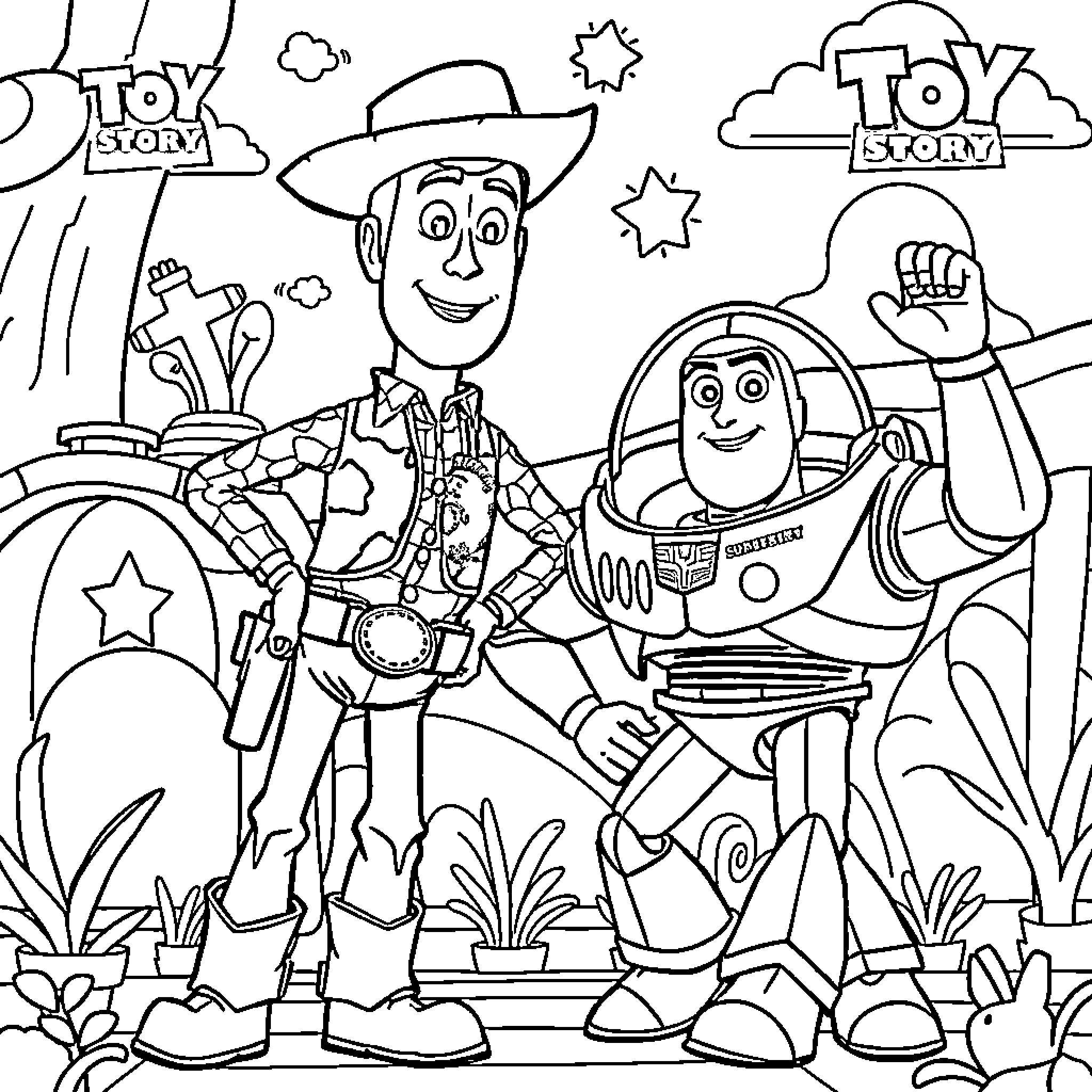 Toy Story characters on an adventure Coloring Page (free black-and-white line drawing printable PDF for all, from beginners to advanced learners, including children, teens, adults, and seniors)