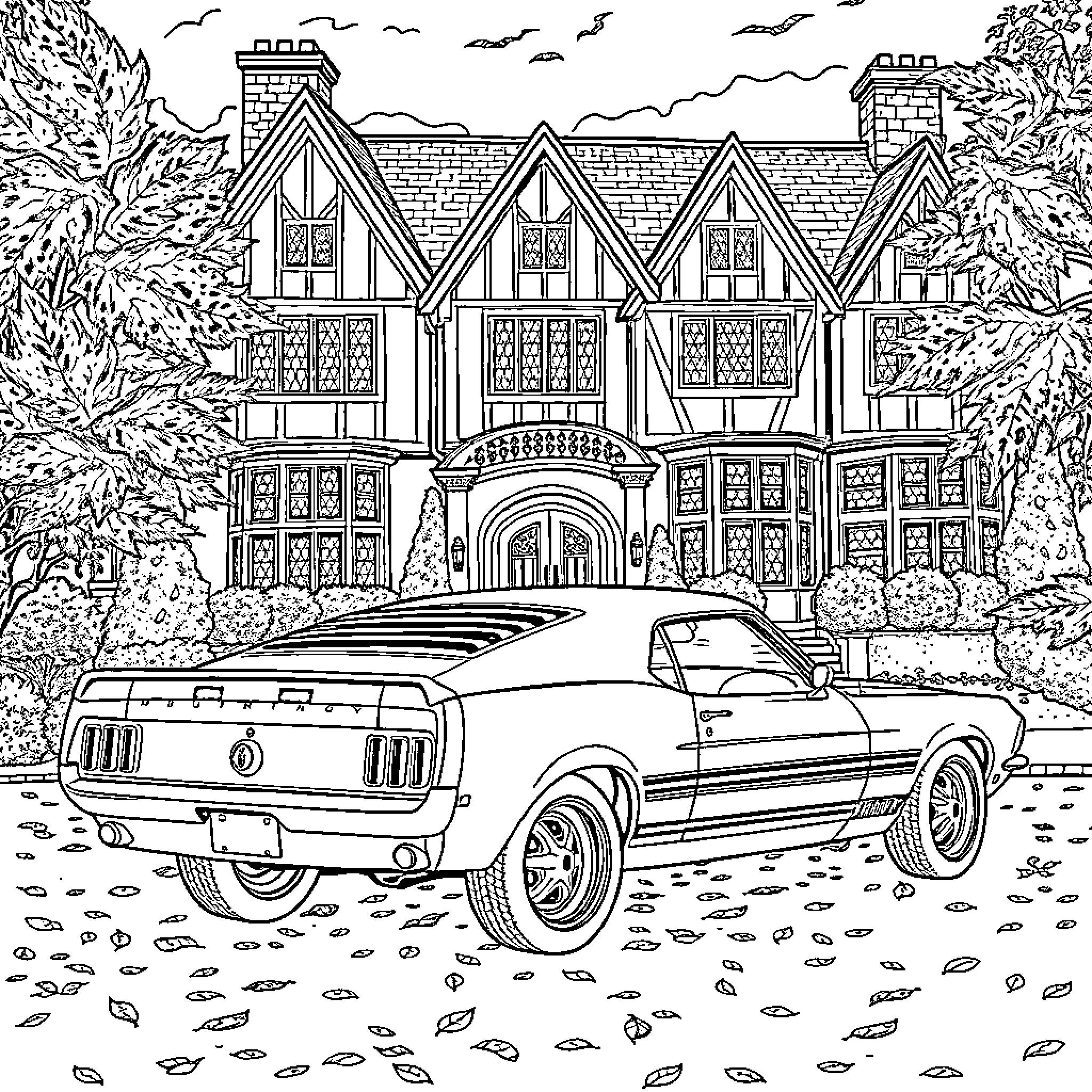 Mustang racing through an autumn landscape Coloring Page (free black-and-white line drawing printable PDF for all, from beginners to advanced learners, including children, teens, adults, and seniors)
