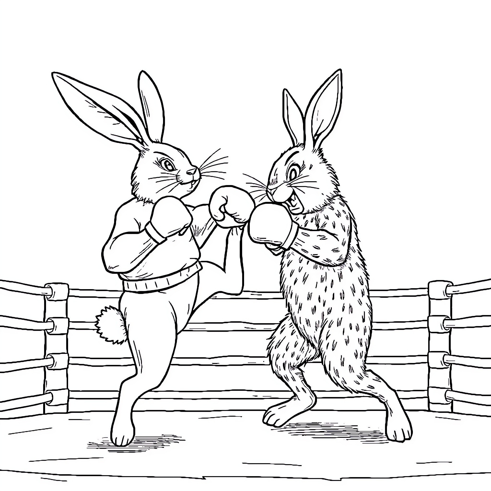 Rabbit boxing match in the ring Coloring Page (free black-and-white line drawing printable PDF for all, from beginners to advanced learners, including children, teens, adults, and seniors)