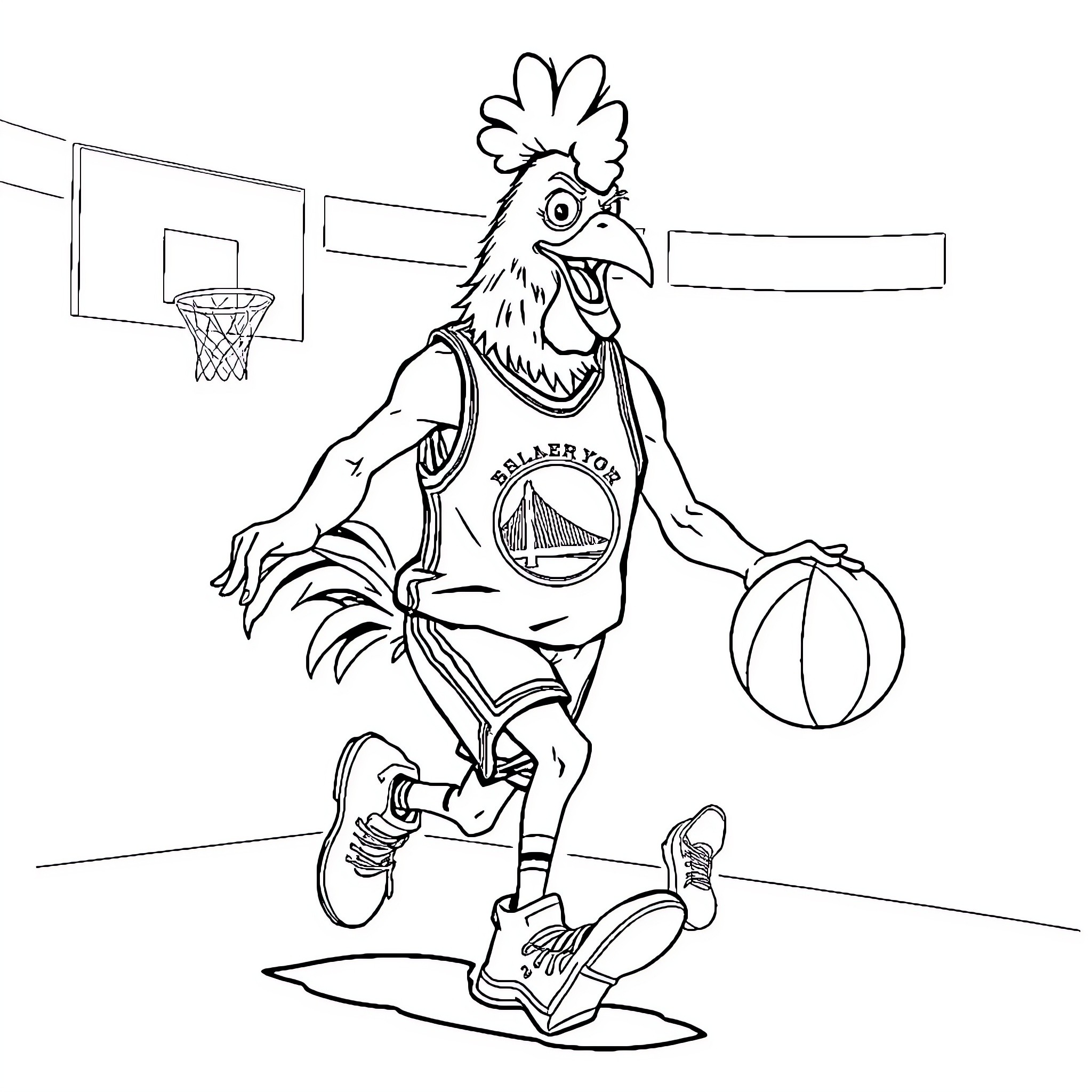 Chicken Jockey playing basketball on the court Coloring Page (free black-and-white line drawing printable PDF for all, from beginners to advanced learners, including children, teens, adults, and seniors)