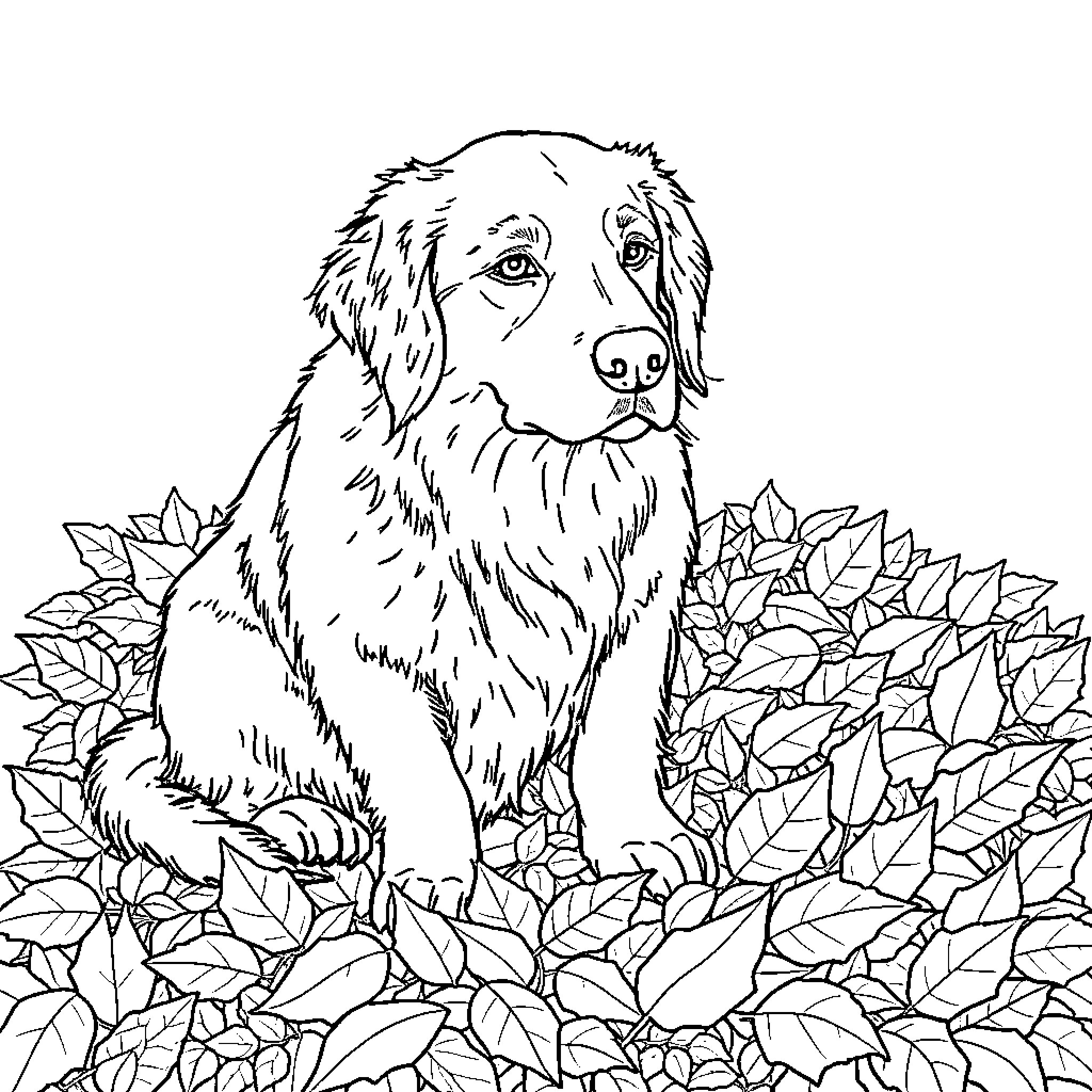 Retriever lounging in autumn leaves Coloring Page (free black-and-white line drawing printable PDF for all, from beginners to advanced learners, including children, teens, adults, and seniors)