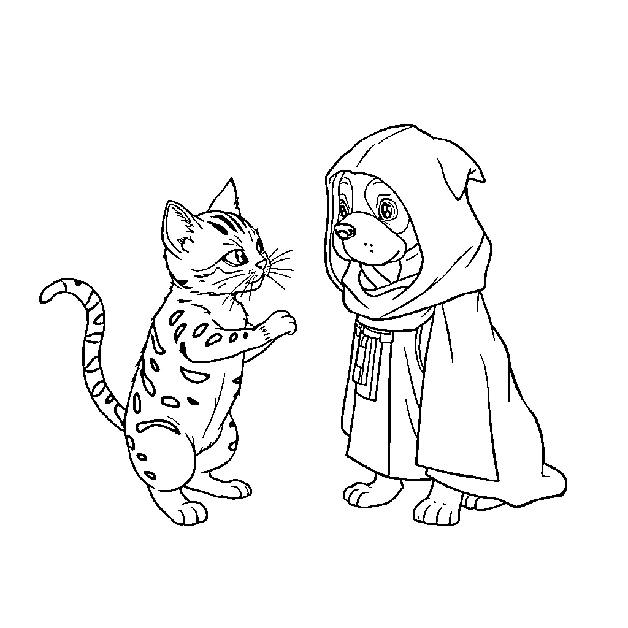 Cat and Dog Dressed Up as Fairy Tale Characters Coloring Page (free black-and-white line drawing printable PDF for all, from beginners to advanced learners, including children, teens, adults, and seniors)