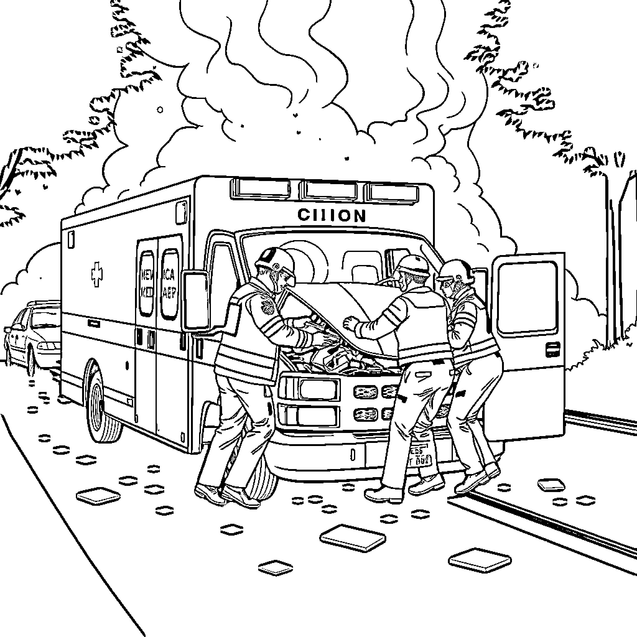 EMS Paramedics Providing Emergency Care Coloring Page (free black-and-white line drawing printable PDF for all, from beginners to advanced learners, including children, teens, adults, and seniors)