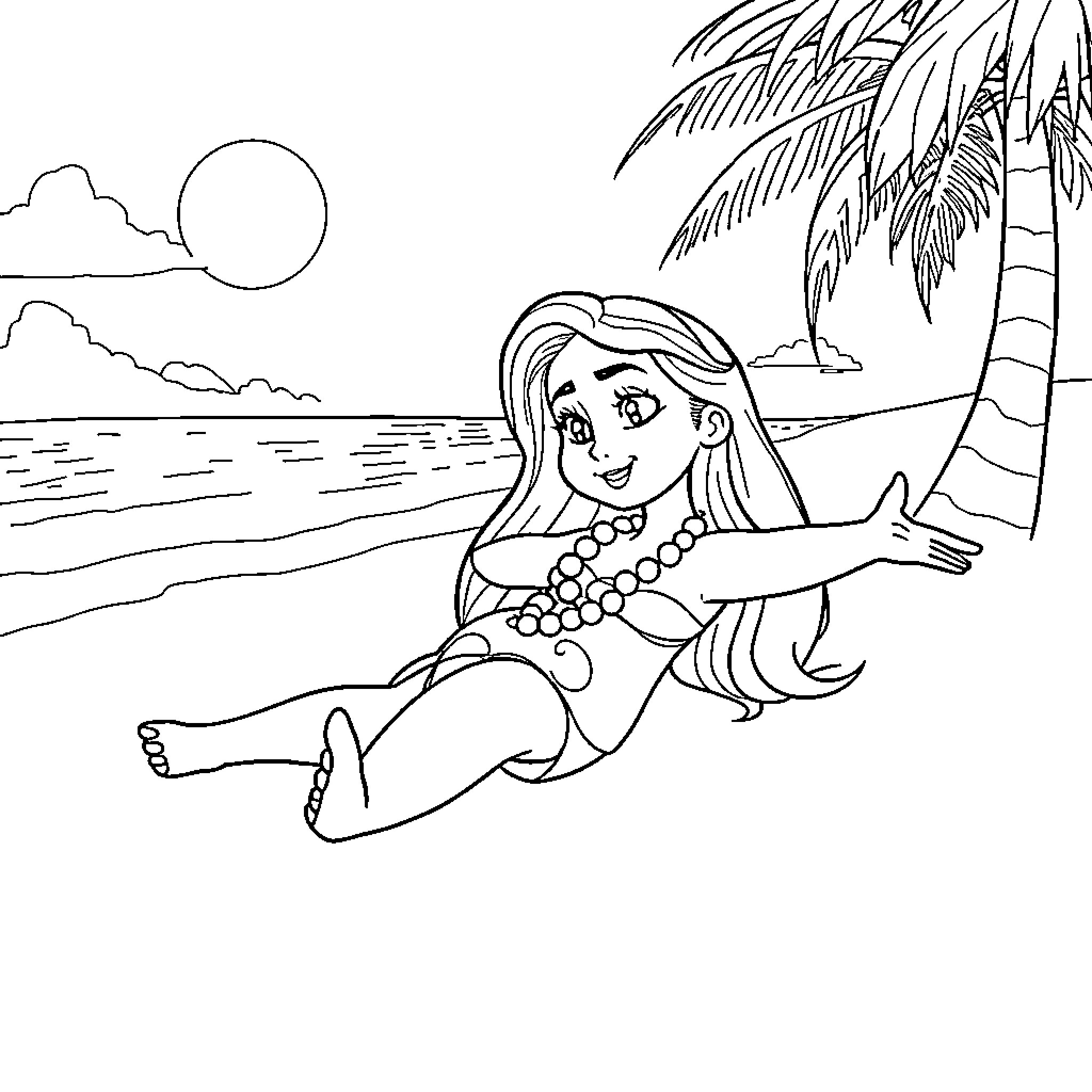Lilo relaxing on the beach with palm trees Coloring Page (free black-and-white line drawing printable PDF for all, from beginners to advanced learners, including children, teens, adults, and seniors)