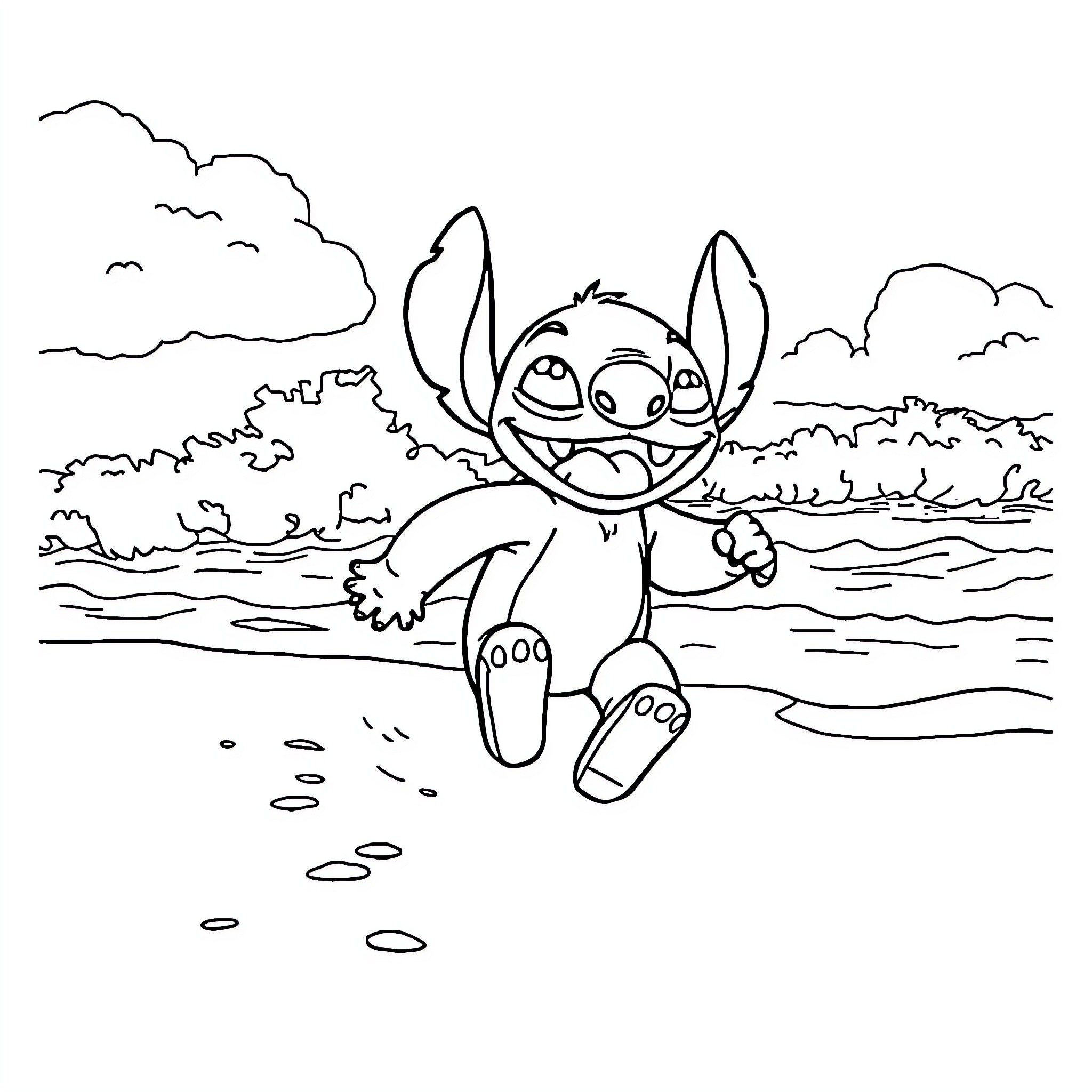 Stitch exploring the beach with a joyful expression Coloring Page (free black-and-white line drawing printable PDF for all, from beginners to advanced learners, including children, teens, adults, and seniors)