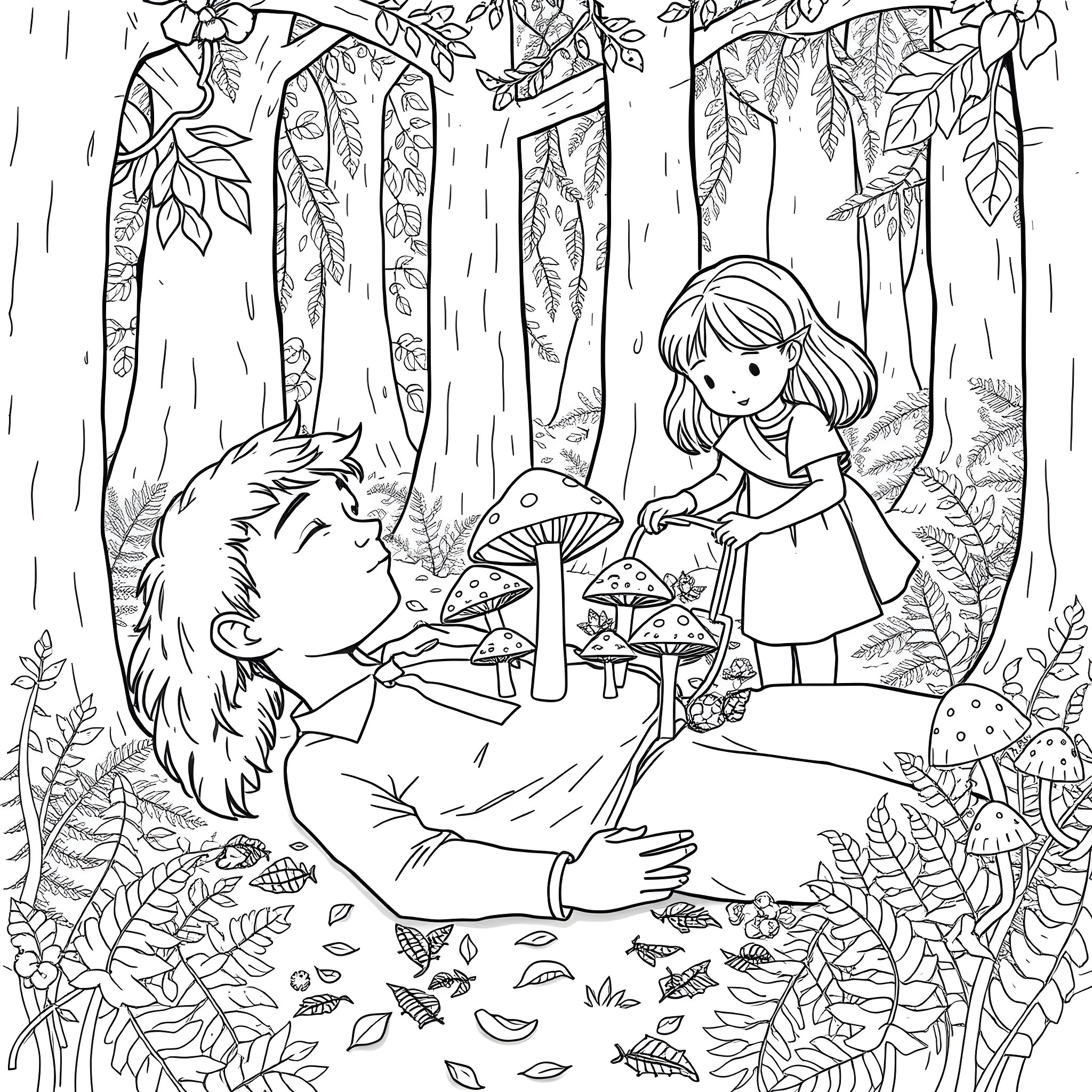 Man admiring the nature with a young girl in the forest Coloring Page (free black-and-white line drawing printable PDF for all, from beginners to advanced learners, including children, teens, adults, and seniors)