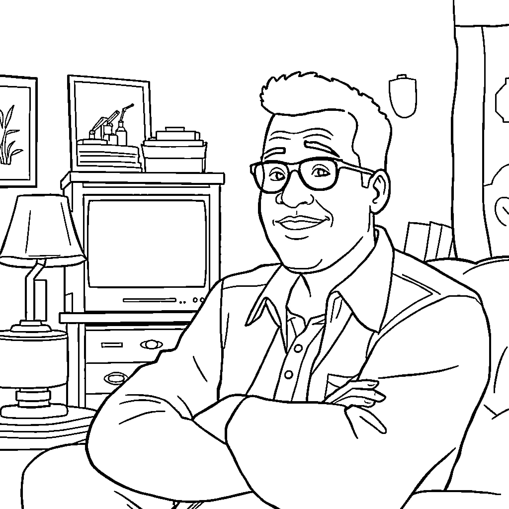 Earl's Casual Portrait in His Home Study Coloring Page (free black-and-white line drawing printable PDF for all, from beginners to advanced learners, including children, teens, adults, and seniors)
