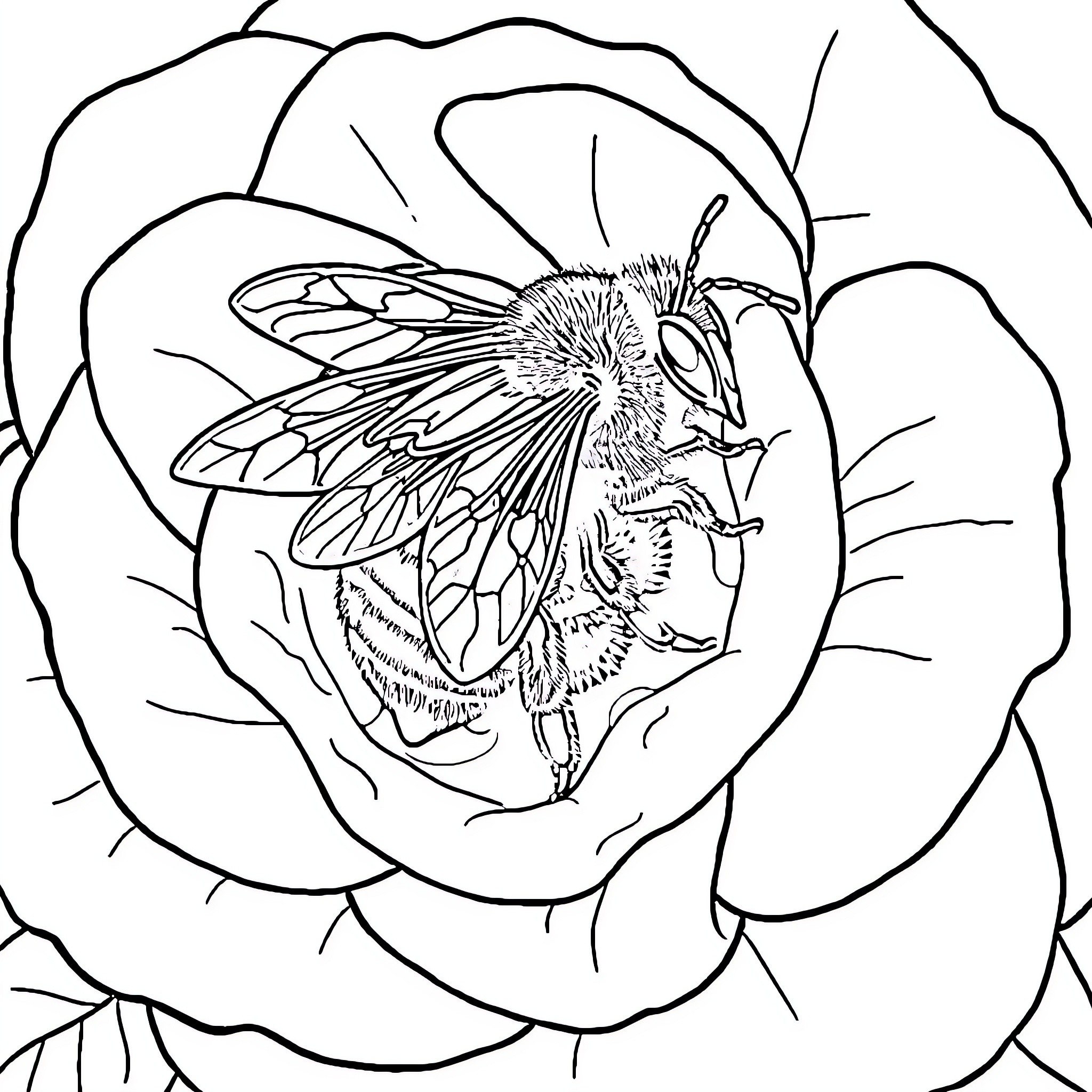 Bee collecting nectar from a flower Coloring Page (free black-and-white line drawing printable PDF for all, from beginners to advanced learners, including children, teens, adults, and seniors)
