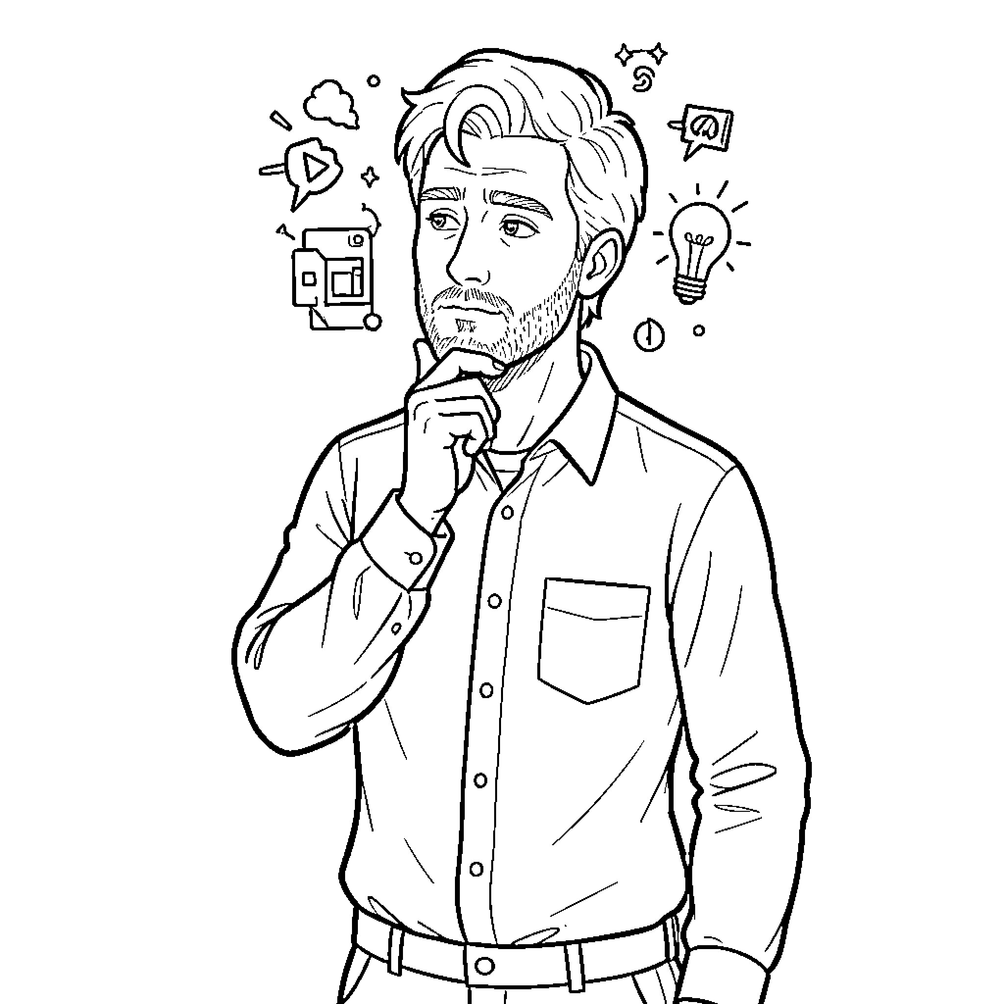 Man thinking deeply with various idea icons around him Coloring Page (free black-and-white line drawing printable PDF for all, from beginners to advanced learners, including children, teens, adults, and seniors)