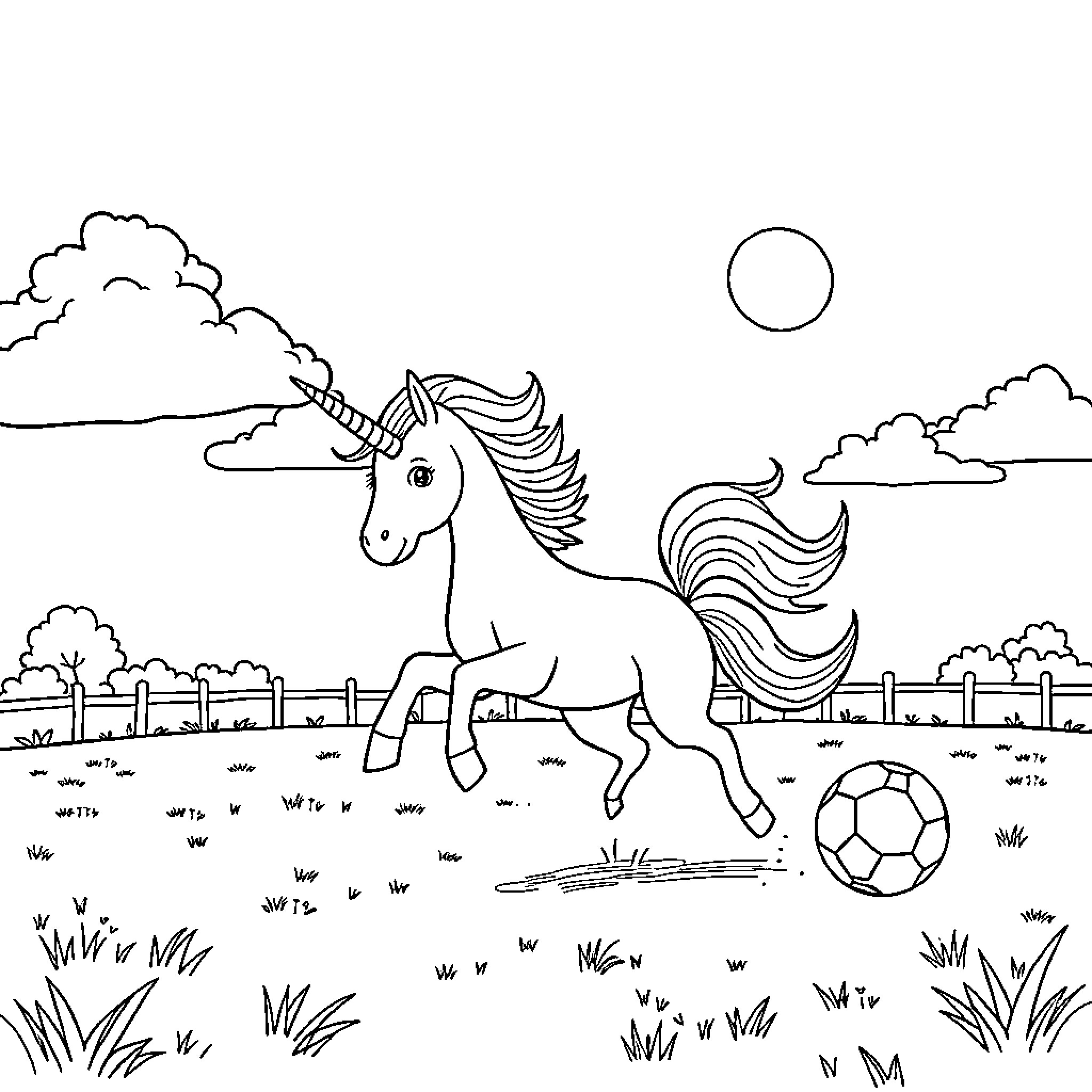 Unicorn playing with a soccer ball in the meadow Coloring Page (free black-and-white line drawing printable PDF for all, from beginners to advanced learners, including children, teens, adults, and seniors)