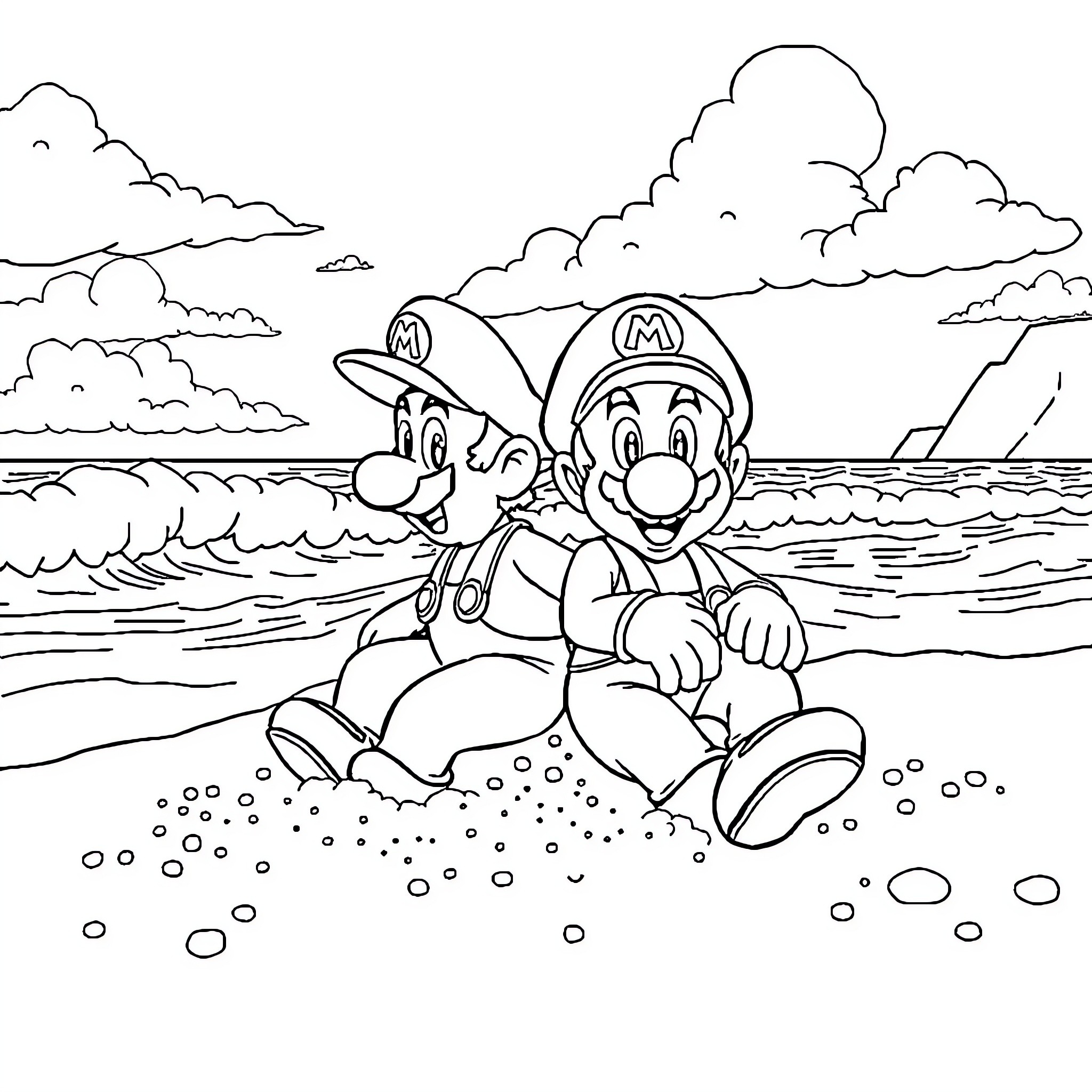 Mario brothers explore the beach landscape Coloring Page (free black-and-white line drawing printable PDF for all, from beginners to advanced learners, including children, teens, adults, and seniors)