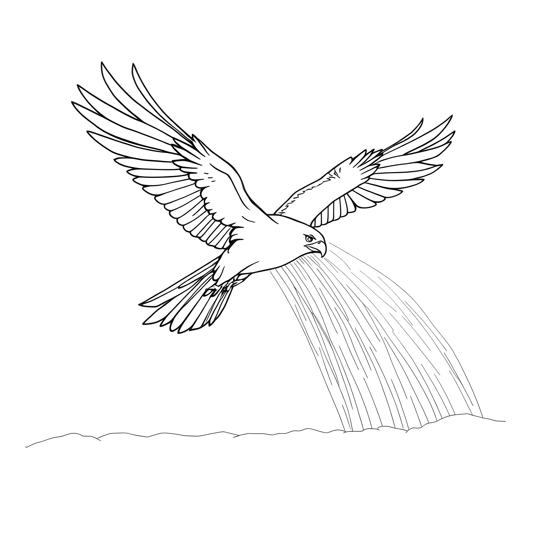 Thunderbird in flight with majestic wings Coloring Page (free black-and-white line drawing printable PDF for all, from beginners to advanced learners, including children, teens, adults, and seniors)