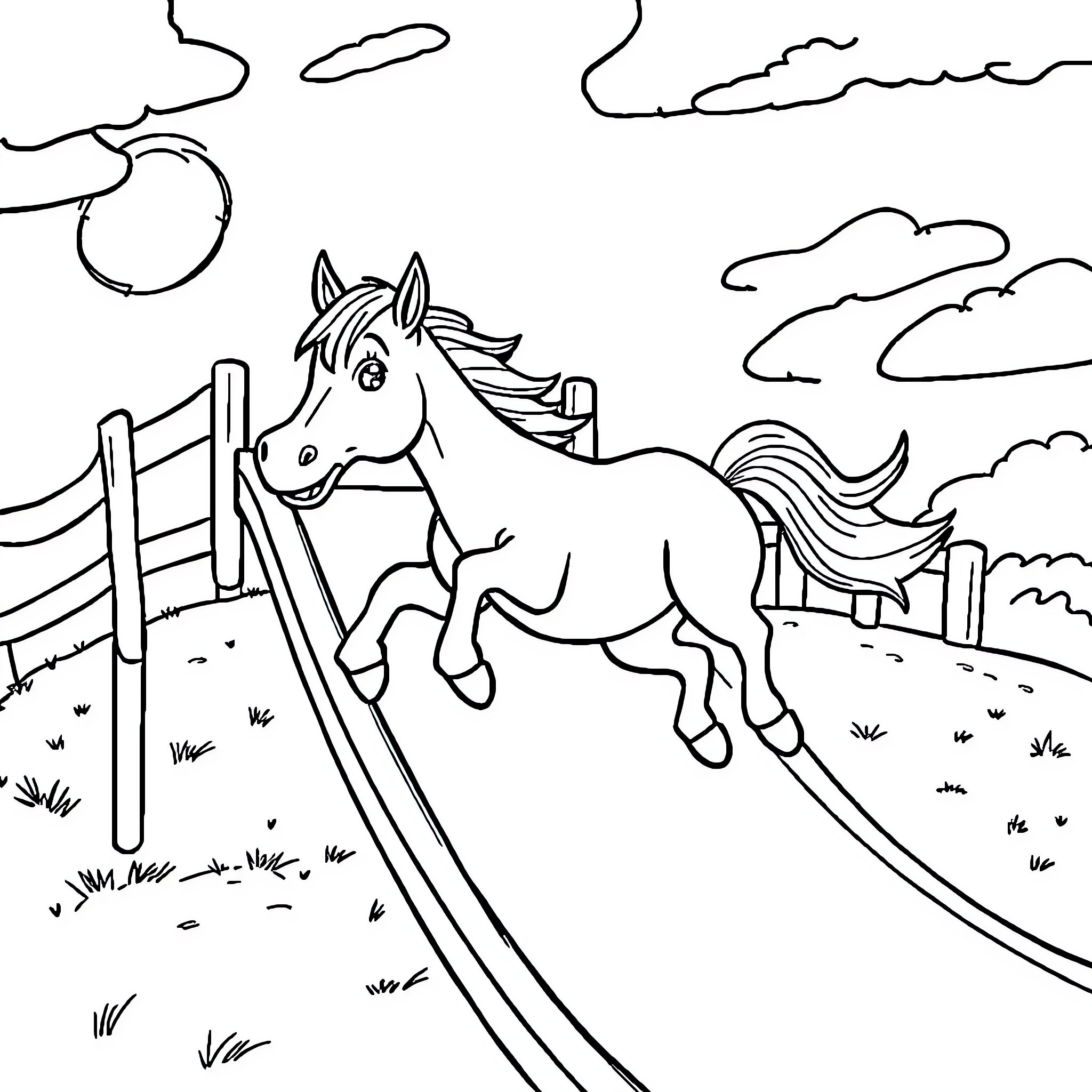 Horse galloping through a rural landscape Coloring Page (free black-and-white line drawing printable PDF for all, from beginners to advanced learners, including children, teens, adults, and seniors)