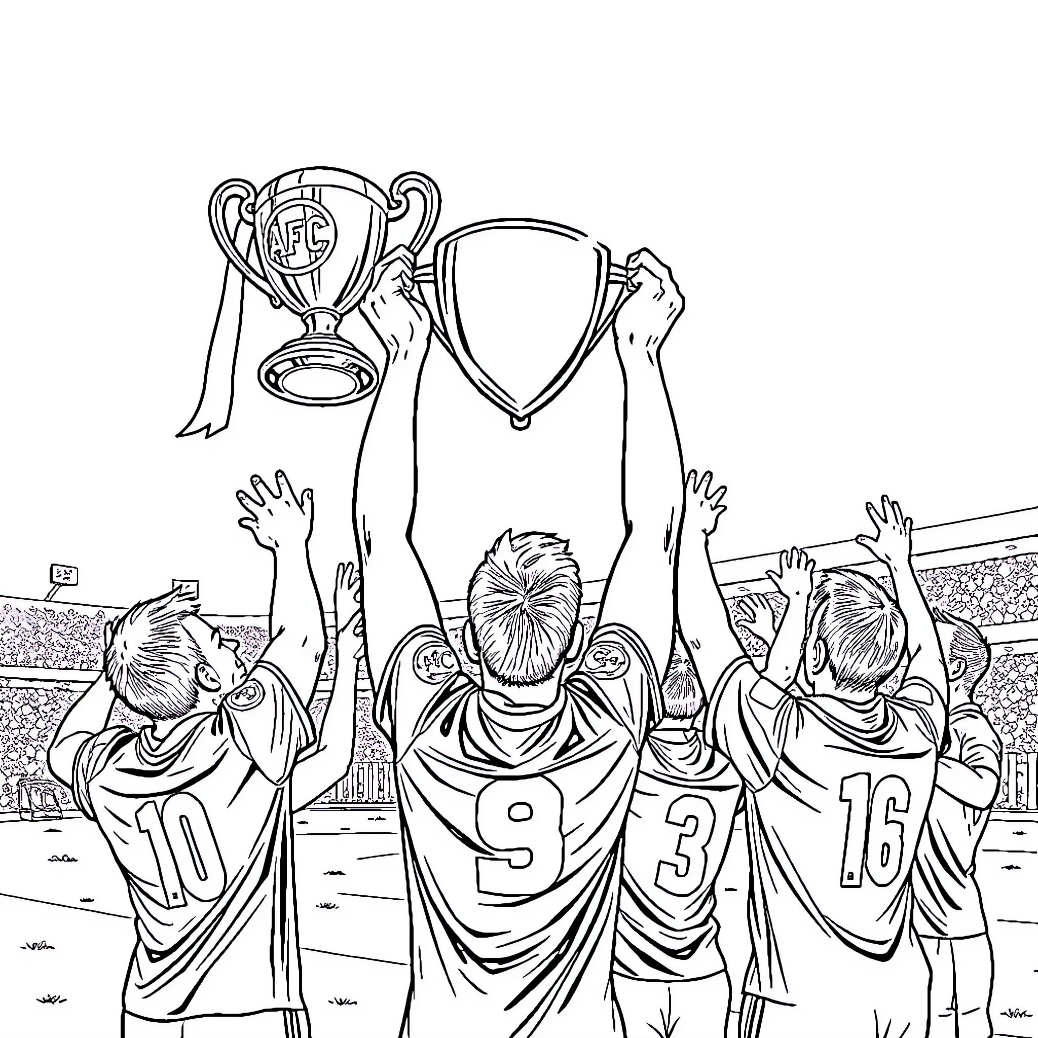 Trophy Celebration of Victorious Soccer Team Coloring Page (free black-and-white line drawing printable PDF for all, from beginners to advanced learners, including children, teens, adults, and seniors)