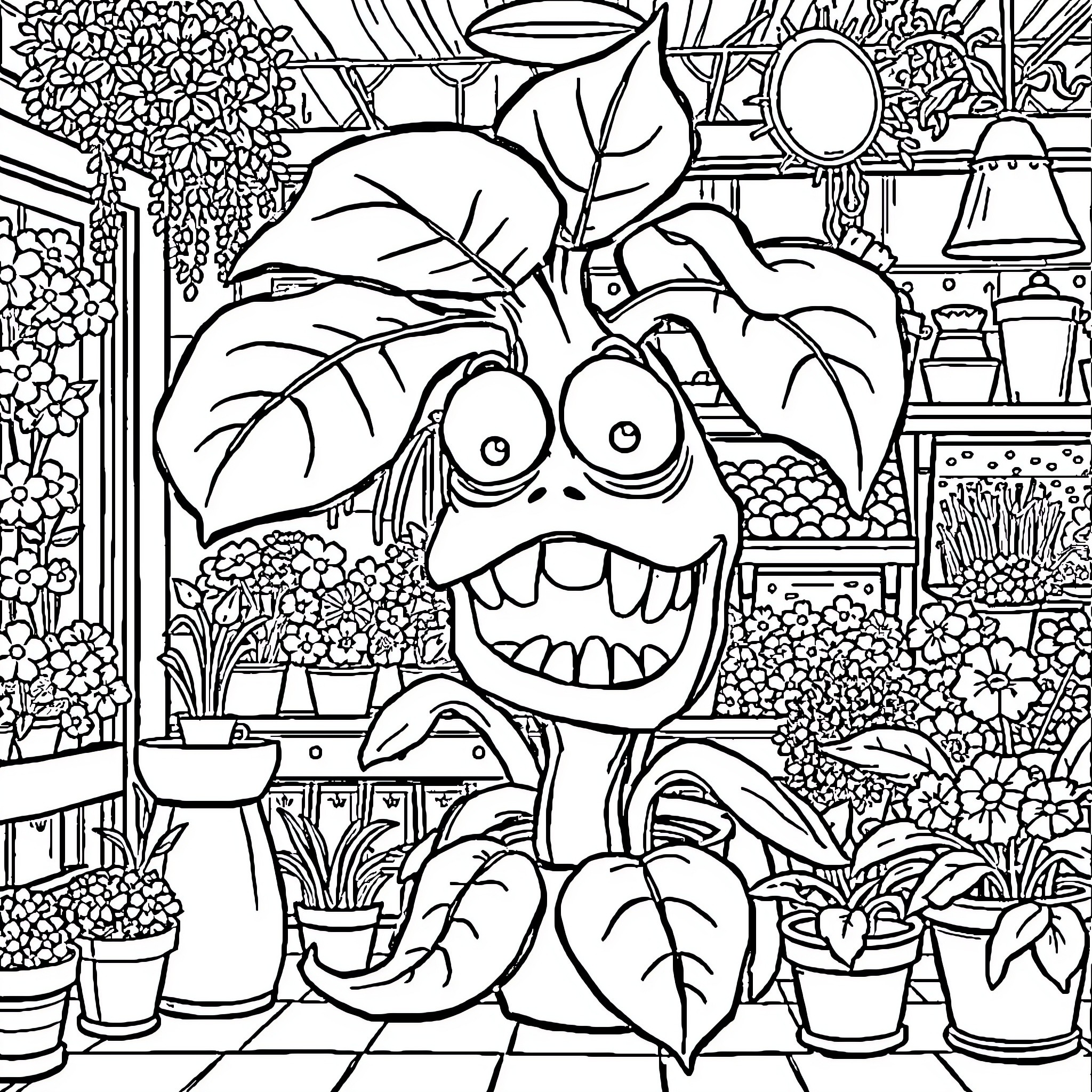 Audrey 2 Mischievous Antics in Botanical Greenhouse Coloring Page (free black-and-white line drawing printable PDF for all, from beginners to advanced learners, including children, teens, adults, and seniors)