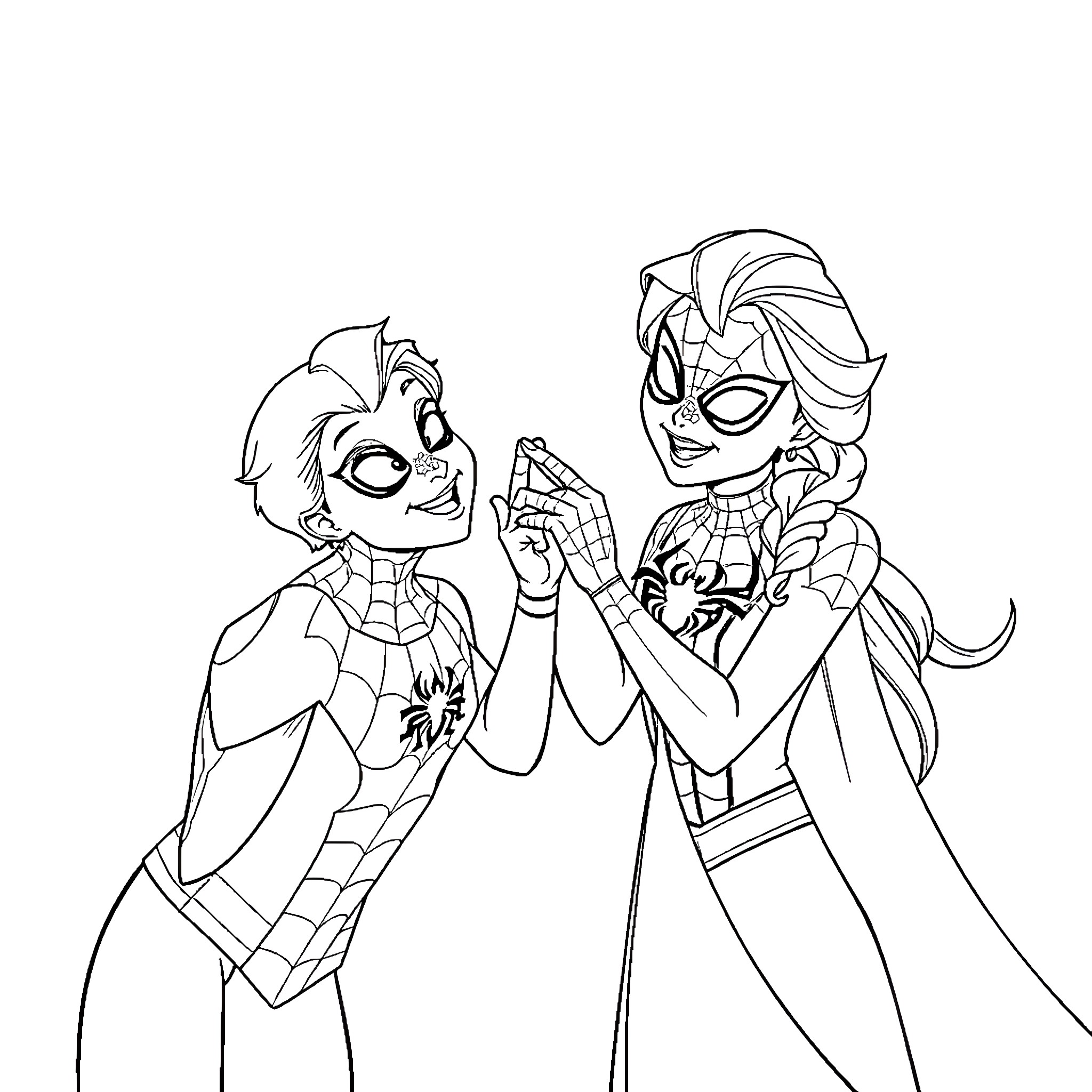 Spiderman and Elsa Sharing a Friendly Moment Coloring Page (free black-and-white line drawing printable PDF for all, from beginners to advanced learners, including children, teens, adults, and seniors)