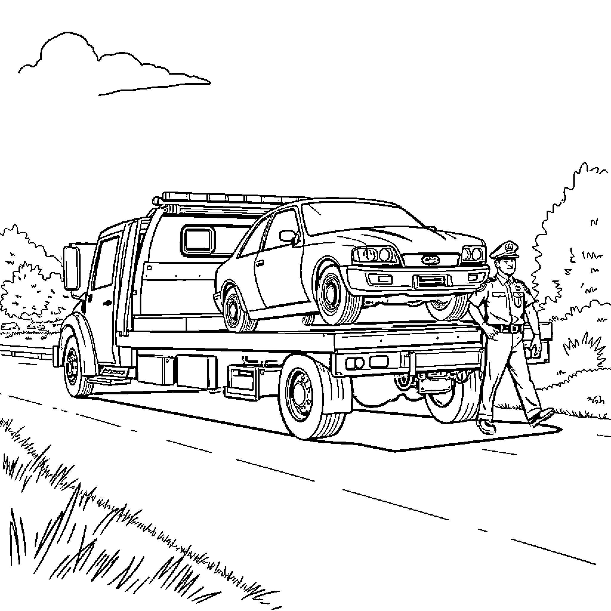 Tow Truck Transporting Damaged Vehicle on the Road Coloring Page (free black-and-white line drawing printable PDF for all, from beginners to advanced learners, including children, teens, adults, and seniors)