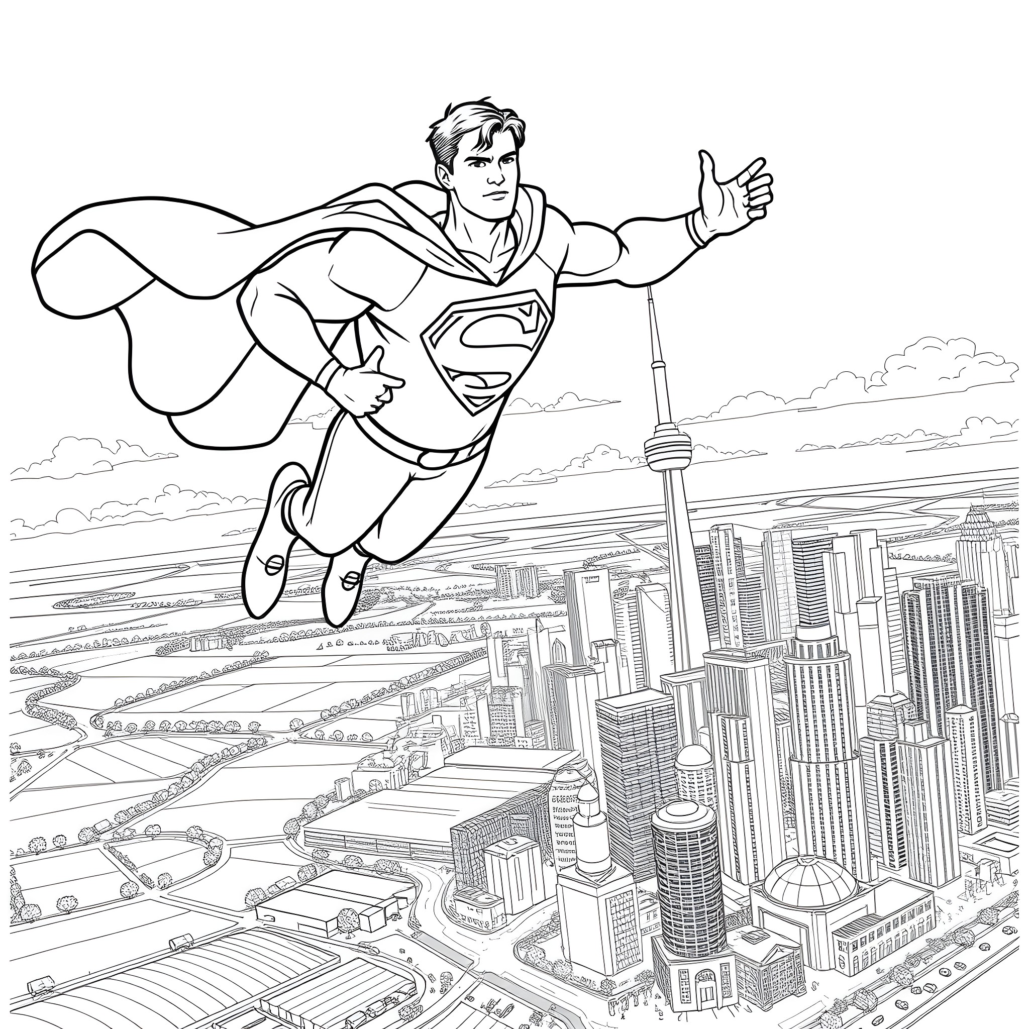 Farmer soars over the city as a superhero Coloring Page (free black-and-white line drawing printable PDF for all, from beginners to advanced learners, including children, teens, adults, and seniors)