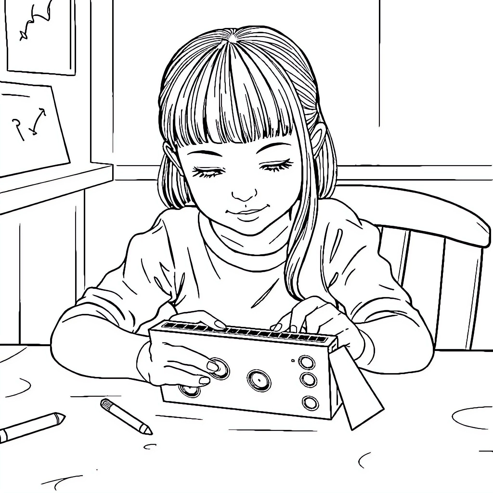 Girl concentrating on playing video game Coloring Page (free black-and-white line drawing printable PDF for all, from beginners to advanced learners, including children, teens, adults, and seniors)