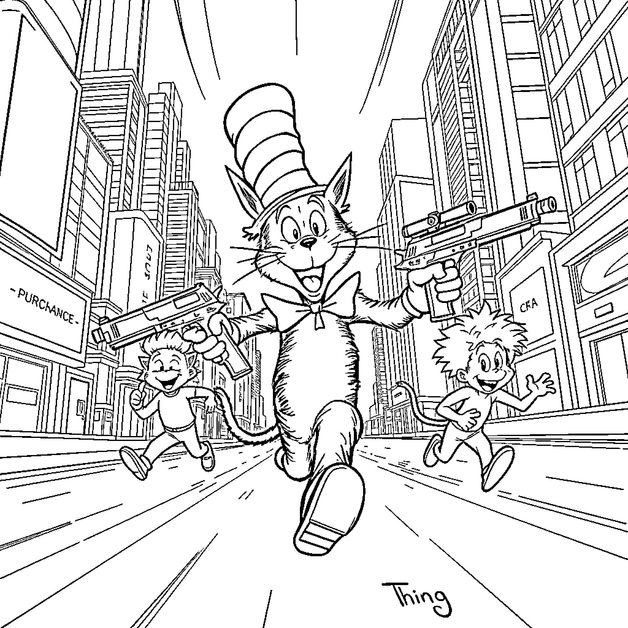 Cat in the Hat Running Through City Streets Coloring Page (free black-and-white line drawing printable PDF for all, from beginners to advanced learners, including children, teens, adults, and seniors)
