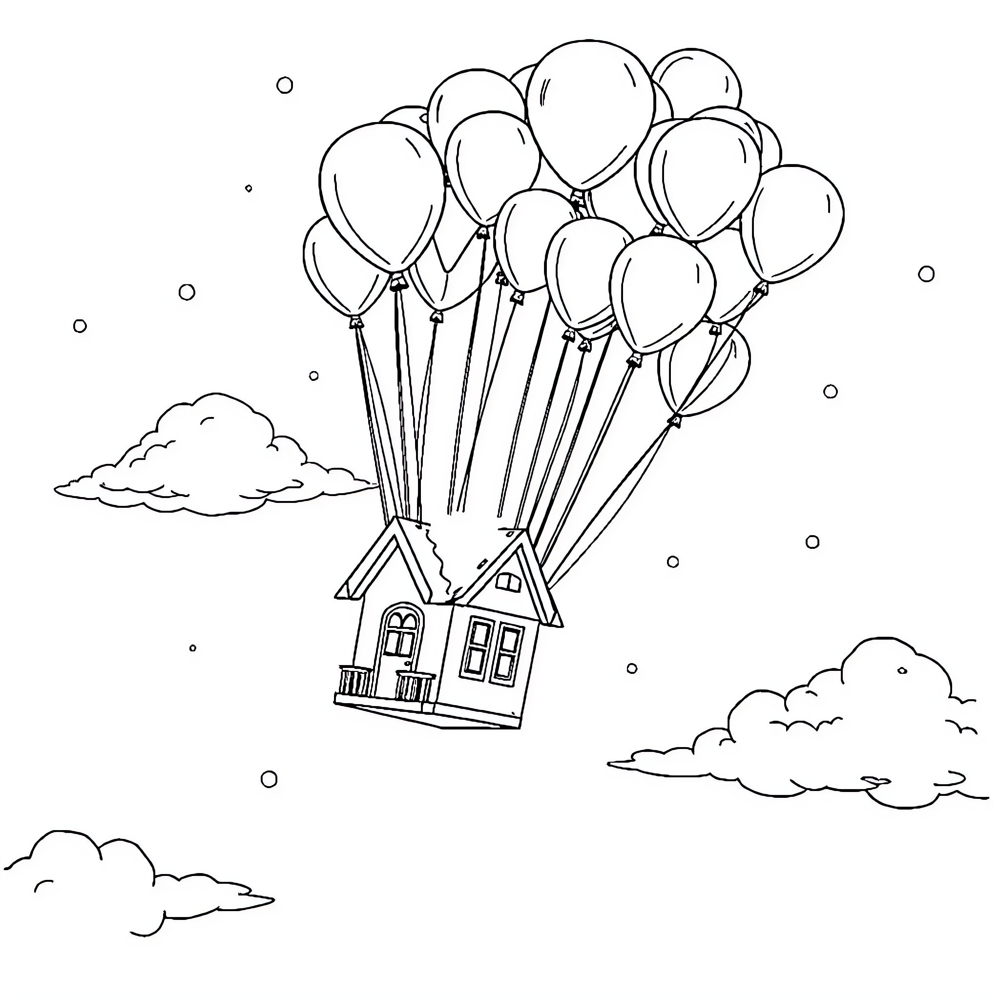 House floating with balloons in the sky Coloring Page (free black-and-white line drawing printable PDF for all, from beginners to advanced learners, including children, teens, adults, and seniors)
