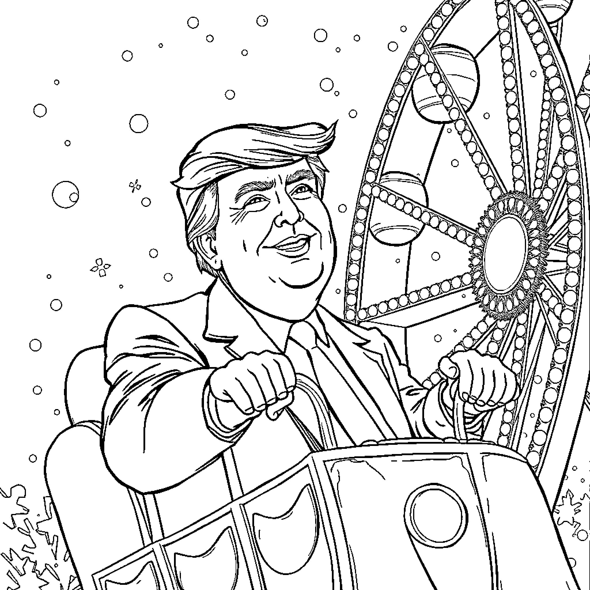 Donald Trump riding a ferris wheel with enthusiasm Coloring Page (free black-and-white line drawing printable PDF for all, from beginners to advanced learners, including children, teens, adults, and seniors)